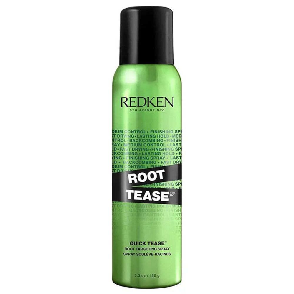 Grüne Redken Root Tease Sprühdose mit schwarzem Deckel. Produktname und Details auf weißem Etikett. Text: Quick Tease Root Targeting Spray.