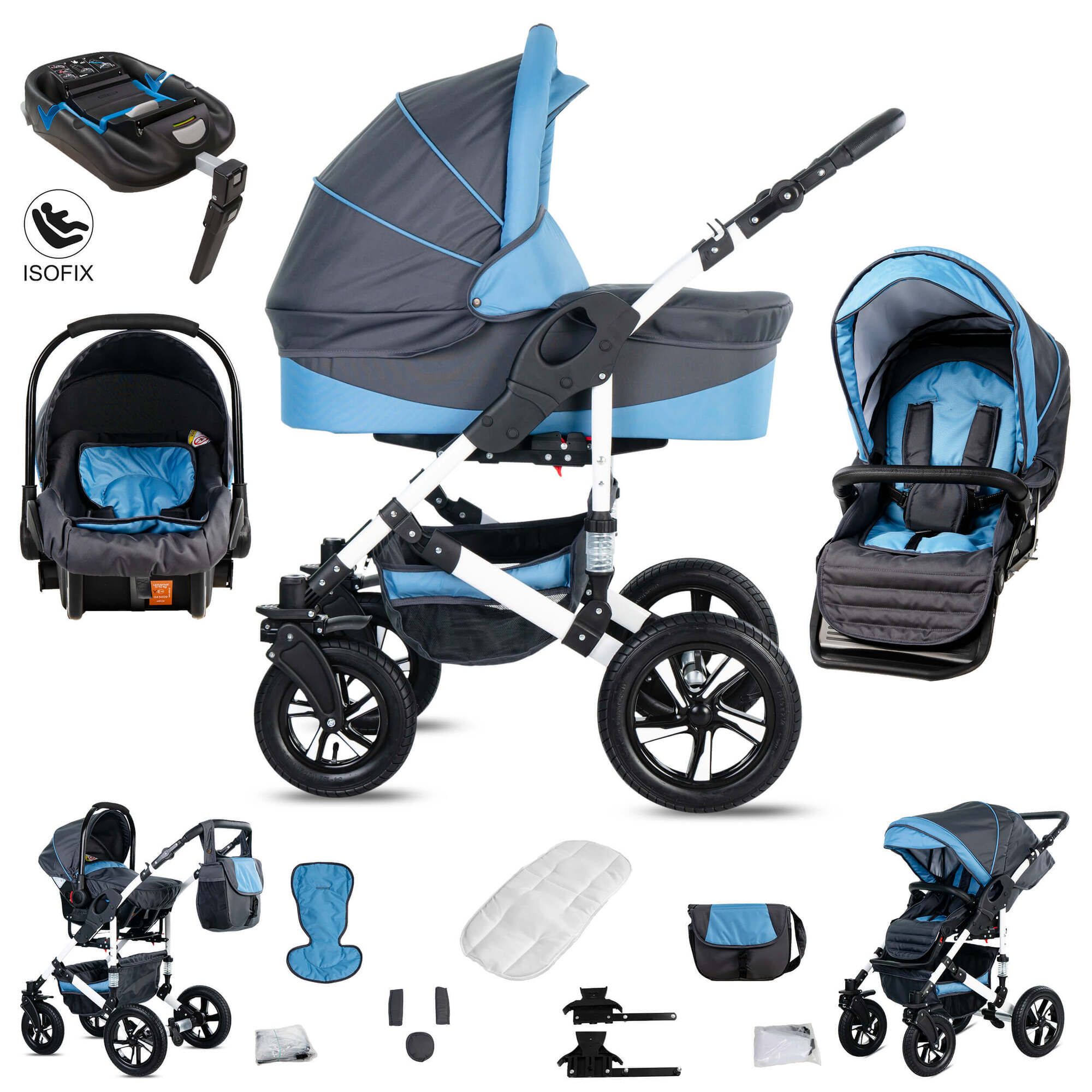 Friedrich Hugo Hamburg 4 in 1 Kinderwagen Komplettset ISOFIX Basis  Luftreifen, Grey & Babyblue 1 St - Shop Apotheke