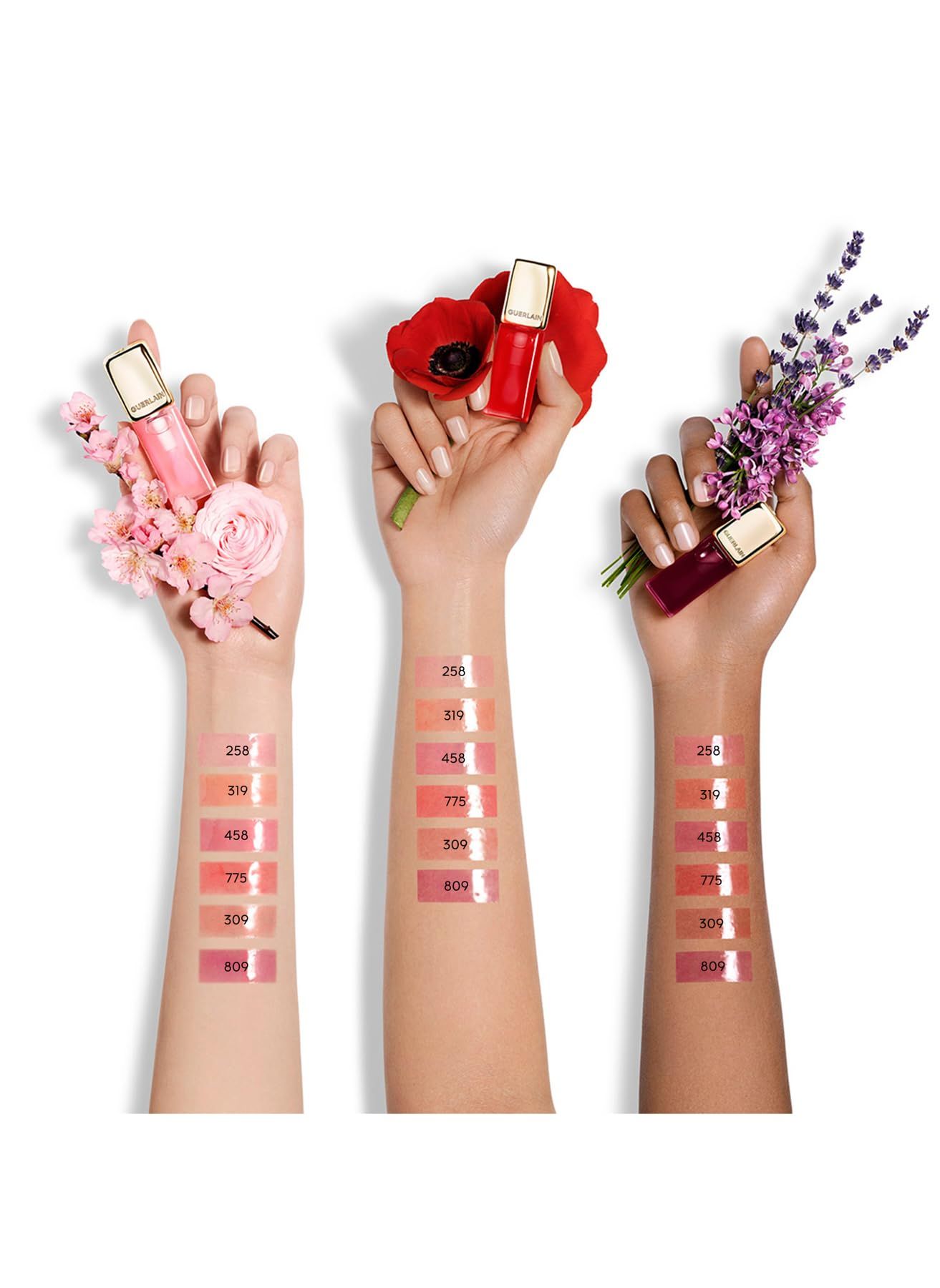 Drei Hände mit Lippenöl-Farben. Verschiedene Hauttöne. Mehrere Farbtöne.