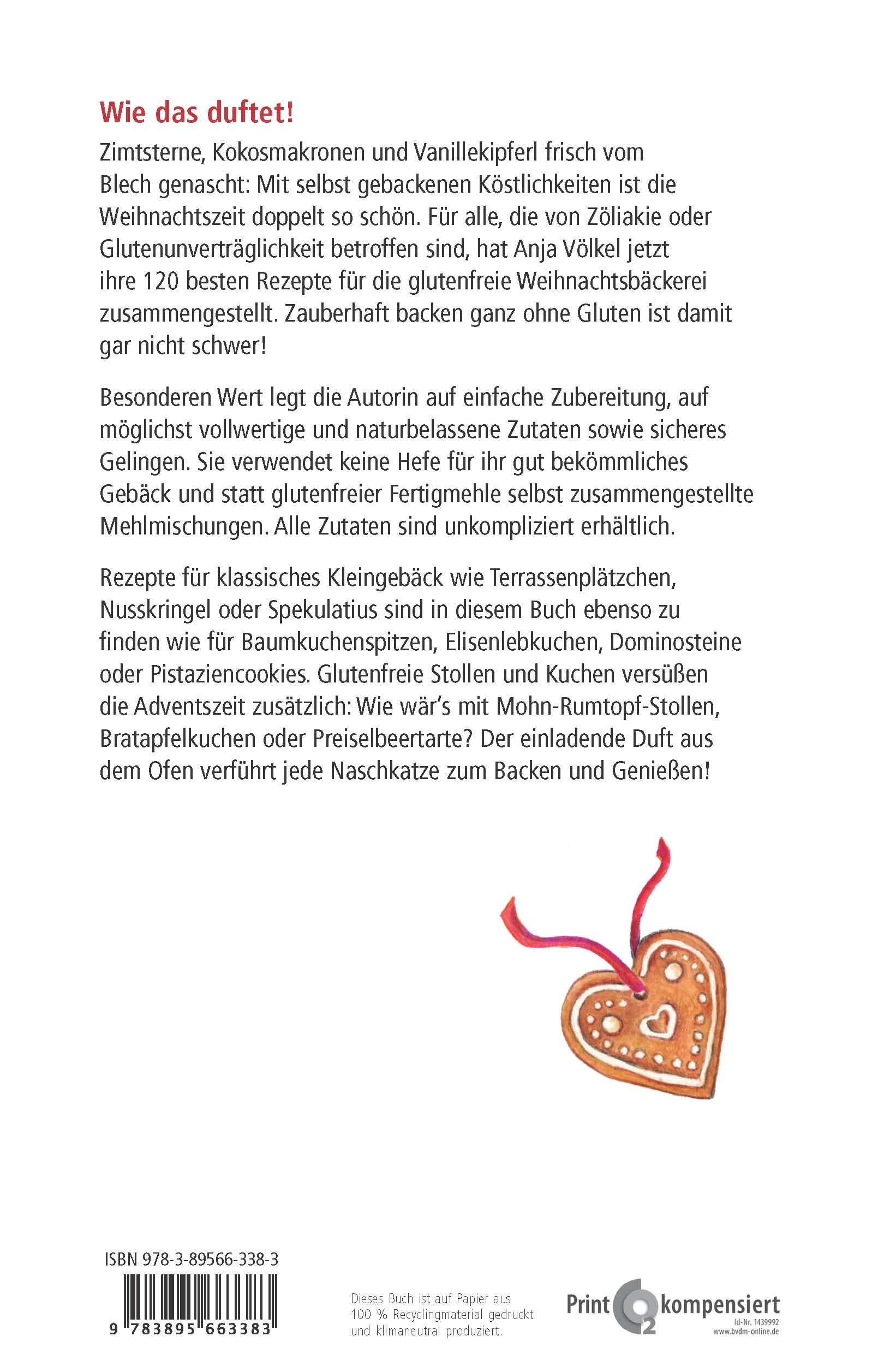 Rückseite des Buches "Zauberhafte Weihnachtsbäckerei - glutenfrei". Text, ISBN, Herz-Lebkuchen mit Band.