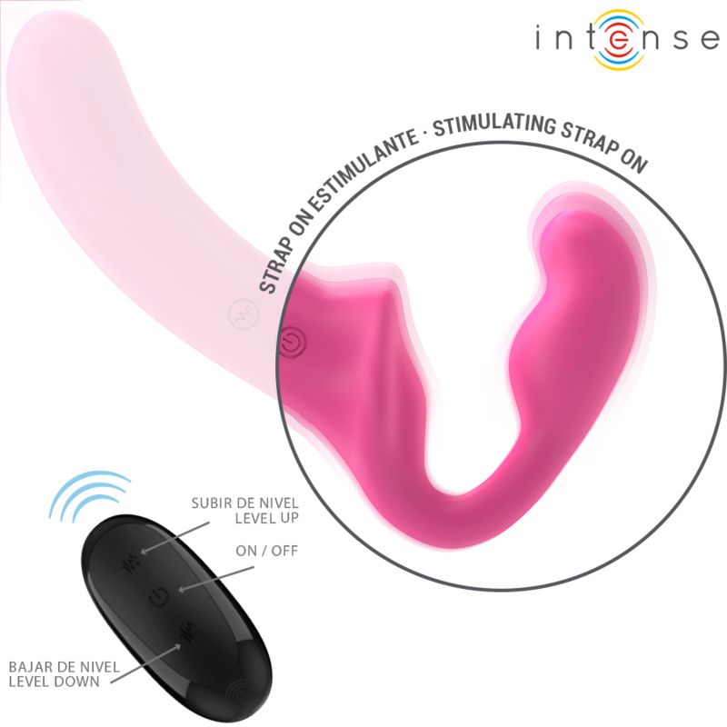 Rosa Doppelvibrator mit Fernbedienung. Text: 'Strap on estimulante'. Fernbedienung mit Tasten: 'Subir de nivel', 'On/Off', 'Bajar de nivel'.