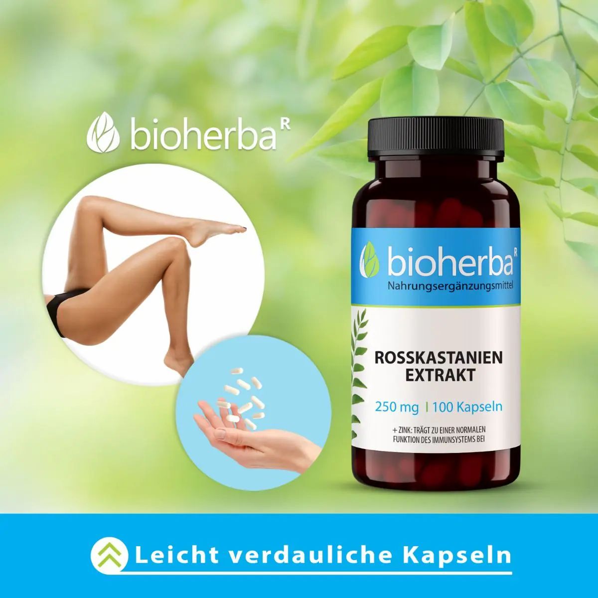 Beine und Hand mit Kapseln. Enthält Rosskastanien Extrakt, 250 mg, 100 Kapseln. Marke: Bioherba. Leicht verdauliche Kapseln.