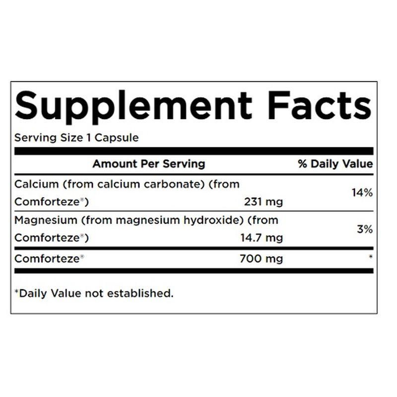 Nährwerttabelle. Enthält Calcium, Magnesium und Comforteze. Portionsgröße: 1 Kapsel.