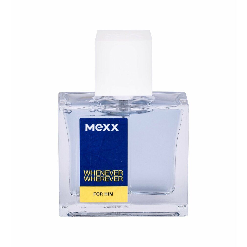 Quadratischer Glasflakon mit weißem Verschluss. Blaues Etikett mit "MEXX" und "WHENEVER WHEREVER" Schriftzug. "FOR HIM" Text.