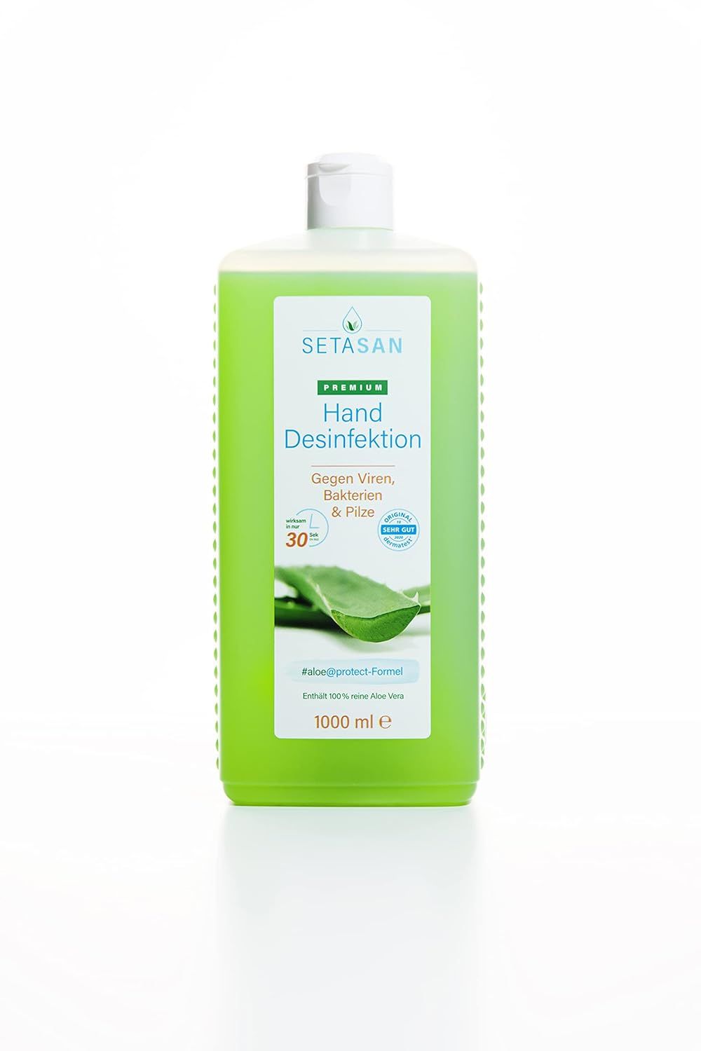 Grüne Flasche SETASAN Premium Handdesinfektion. Etikett mit Produktinformationen und Aloe Vera-Motiv. 1000 ml.