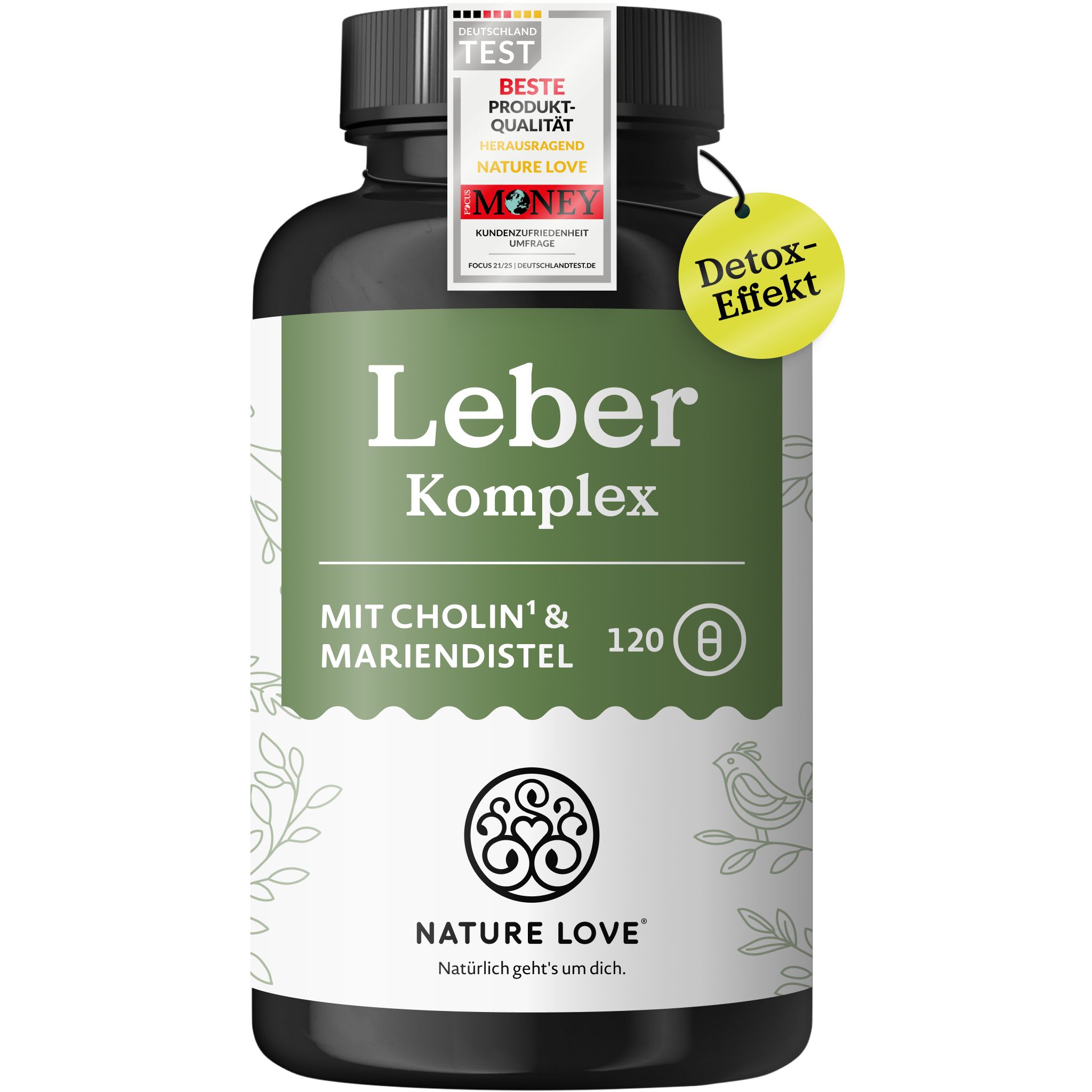 Flasche Leber Komplex mit Siegel und gelbem Aufkleber 'Detox-Effekt'.