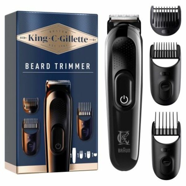 Barttrimmer-Set. Schwarzes Gerät mit Aufsätzen und Verpackung. Marke: King C. Gillette. Aufsätze für verschiedene Bartlängen. Braun-Logo.