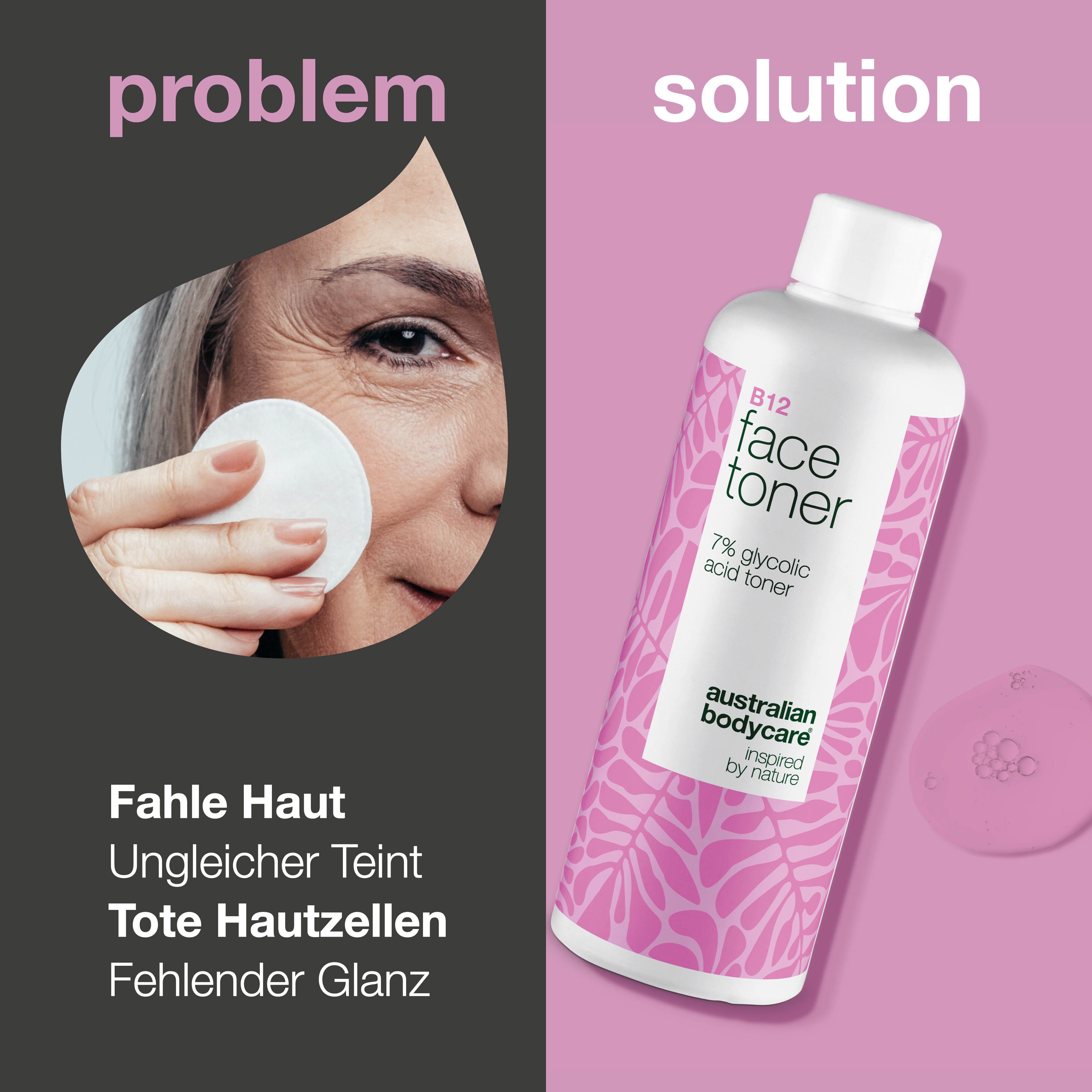 Bild zeigt eine Frau, die ihr Gesicht mit einem Wattepad reinigt. Daneben steht eine Flasche B12 Face Toner.