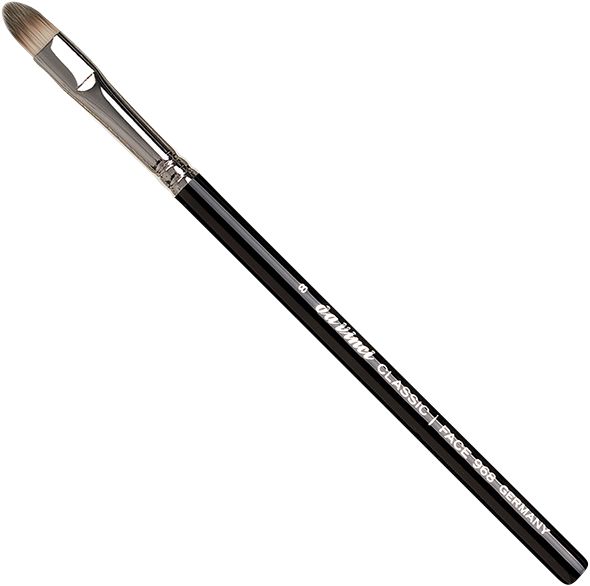 Concealerpinsel mit schwarzem Griff, silberner Zwinge und hellen Borsten. Aufschrift: Da Vinci, Classic, Face 568, Germany.