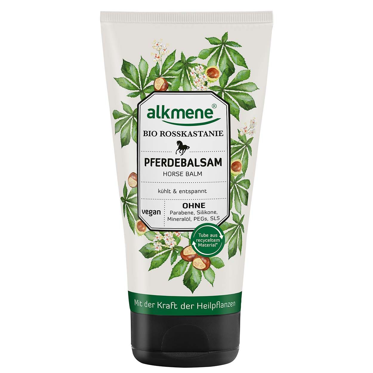 Creme-Tube mit Produktaufdruck. Text: Alkmene, Bio Rosskastanie, Pferdebalsam, Horse Balm. Grün-weiße Verpackung mit Pflanzenmotiven.