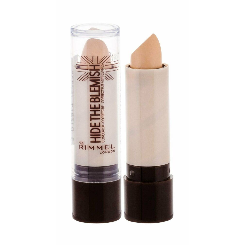 Concealer-Stift mit transparenter Kappe. Produktname und Marke sichtbar: Hide The Blemish, Rimmel London. Beige Farbe.