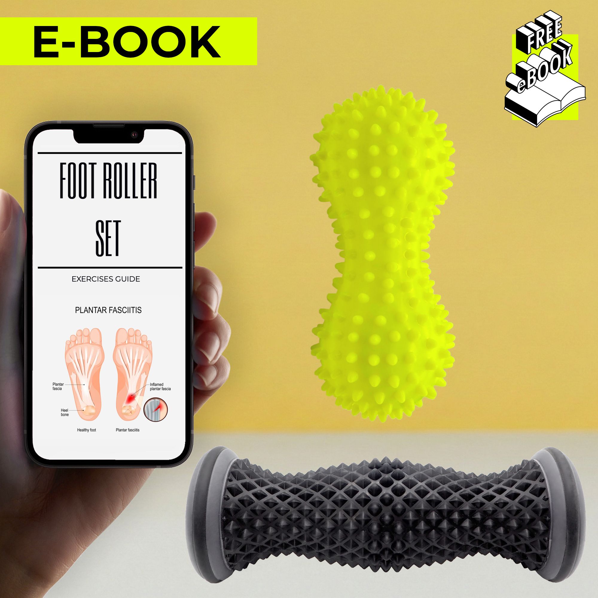 Fußmassage-Set mit Igelball, Roller und eBook auf einem Smartphone.