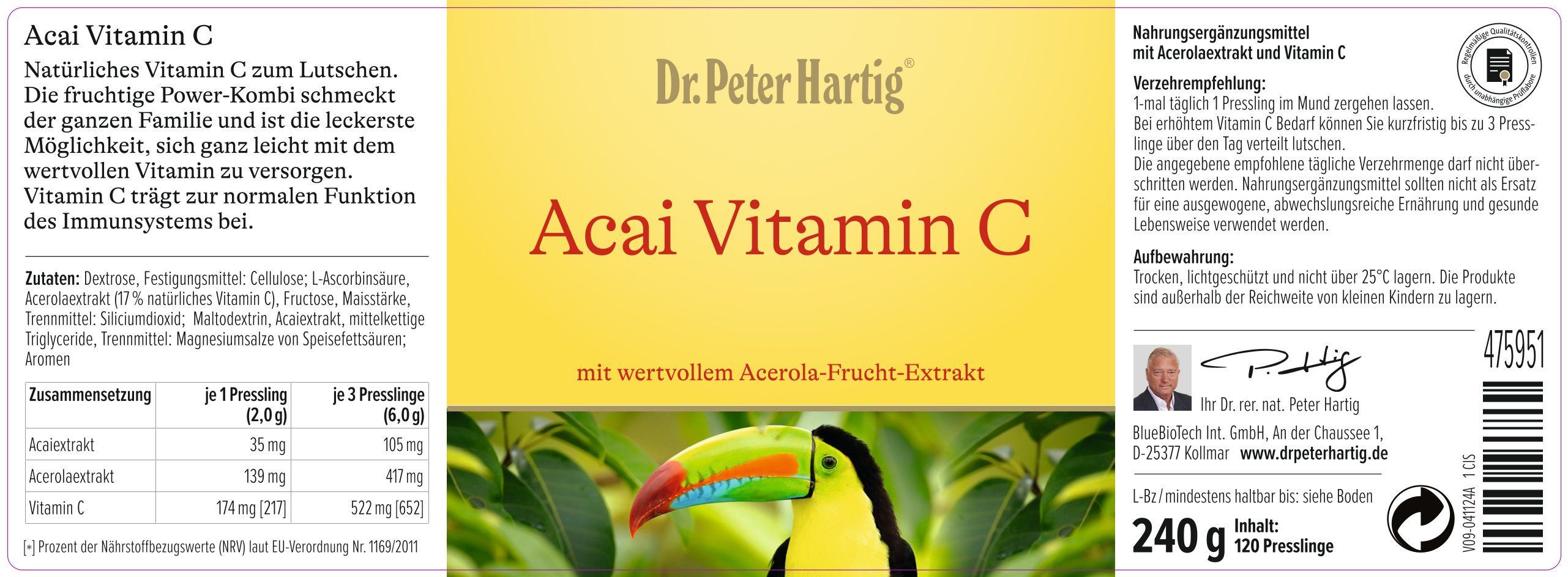 Etikett mit Text und Illustration eines Tukan. Aufschrift: Dr. Peter Hartig Acai Vitamin C. Nährwertangaben. 240 g, 120 Presslinge.