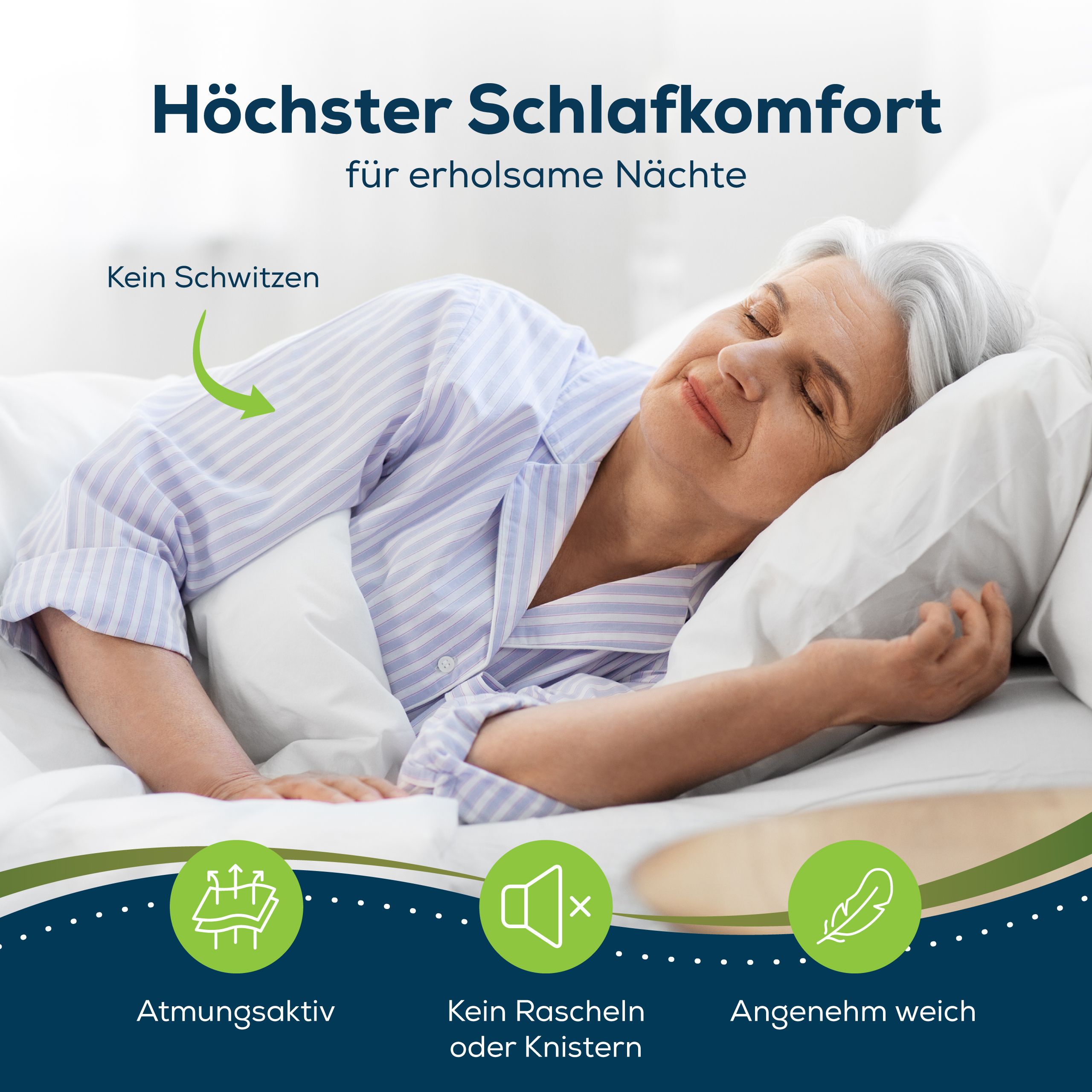 Frau schläft auf weißem Kissen und Matratze. Text: Höchster Schlafkomfort. Atmungsaktiv, kein Rascheln, angenehm weich.