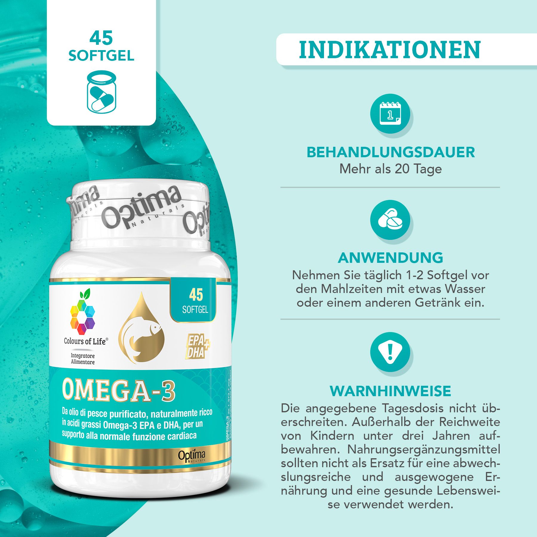 Weißes Fläschchen mit 45 Softgel-Kapseln. Aufschrift: Omega-3. Logo: Fisch. Text: Optima Naturals. Indikationen, Anwendung, Warnhinweise.