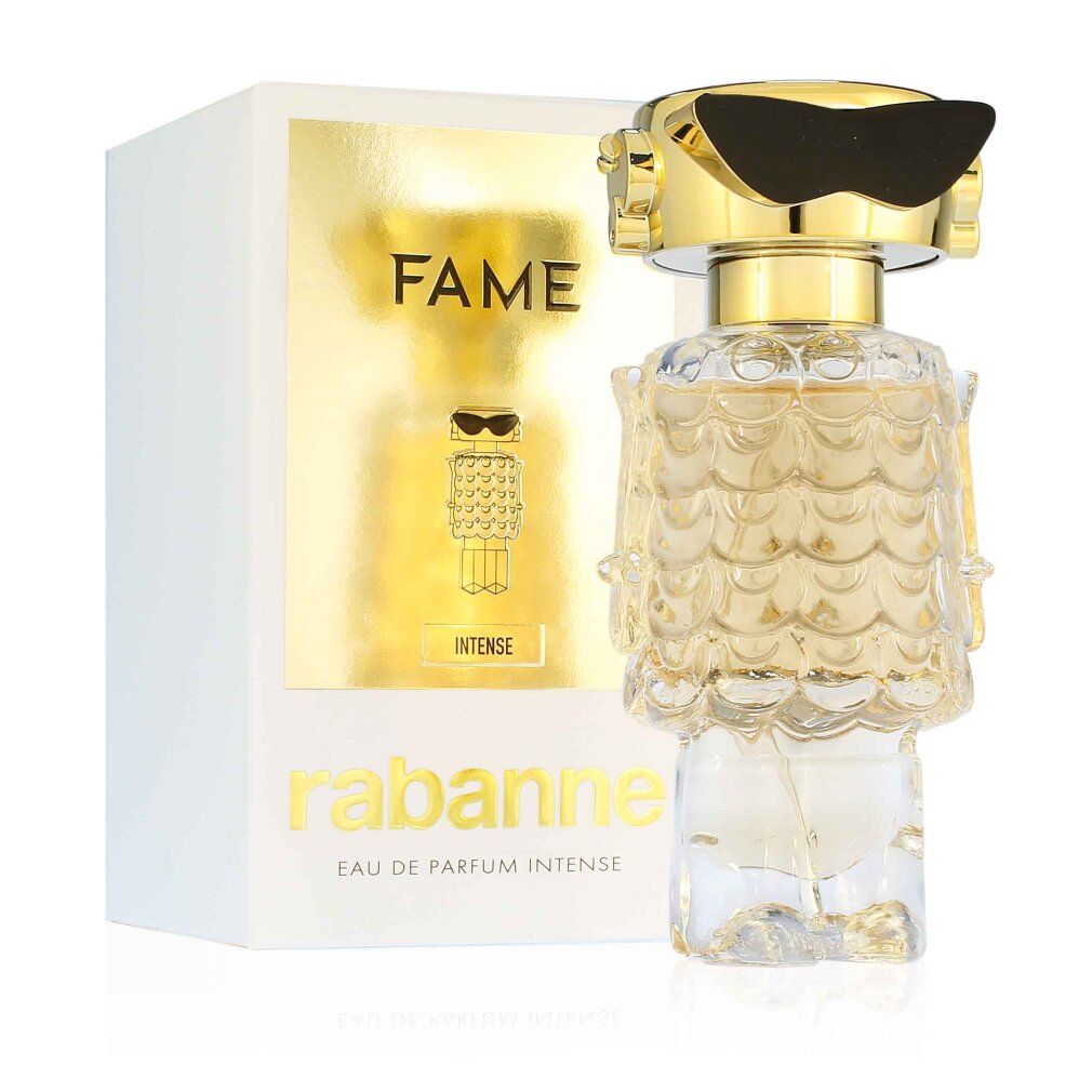 Flakon und Verpackung. Goldfarbener Flakon in Form einer Figur mit Sonnenbrille. Verpackung mit FAME-Schriftzug.