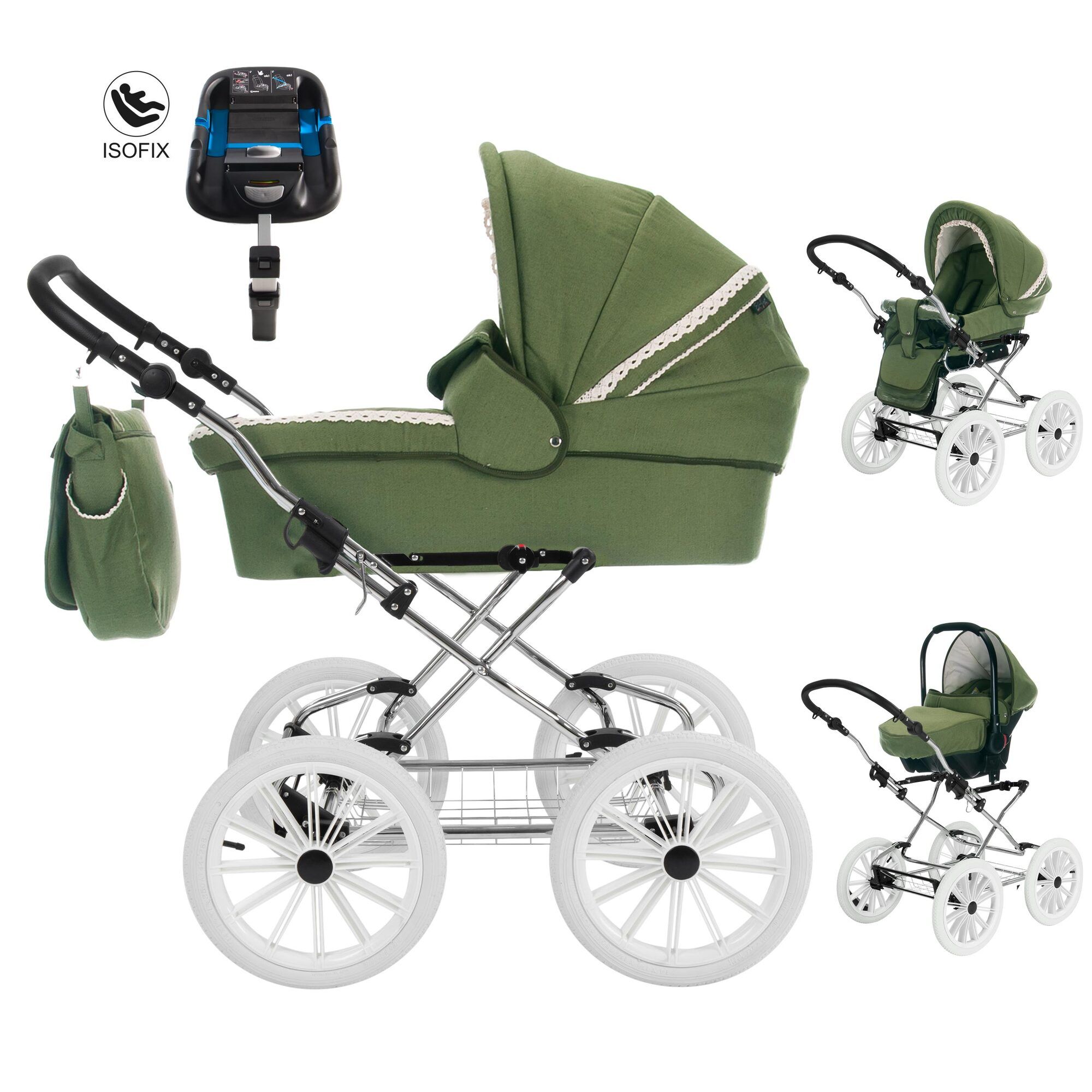 Friedrich Hugo Natureline Uni 4 in 1 Kinderwagen ISOFIX Set, Catherine Forrest Silver