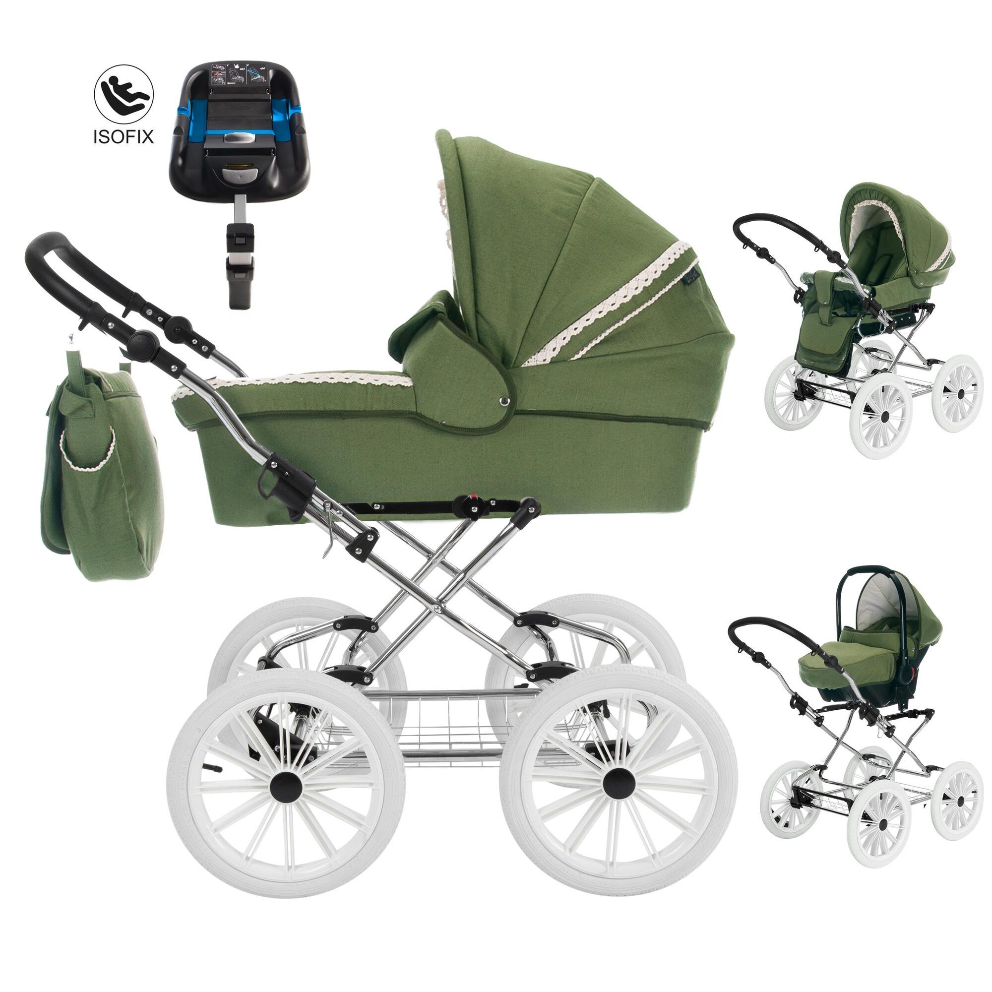 Friedrich Hugo Natureline Uni 4 in 1 Kinderwagen Isofix Set, Catherine Forrest Silver