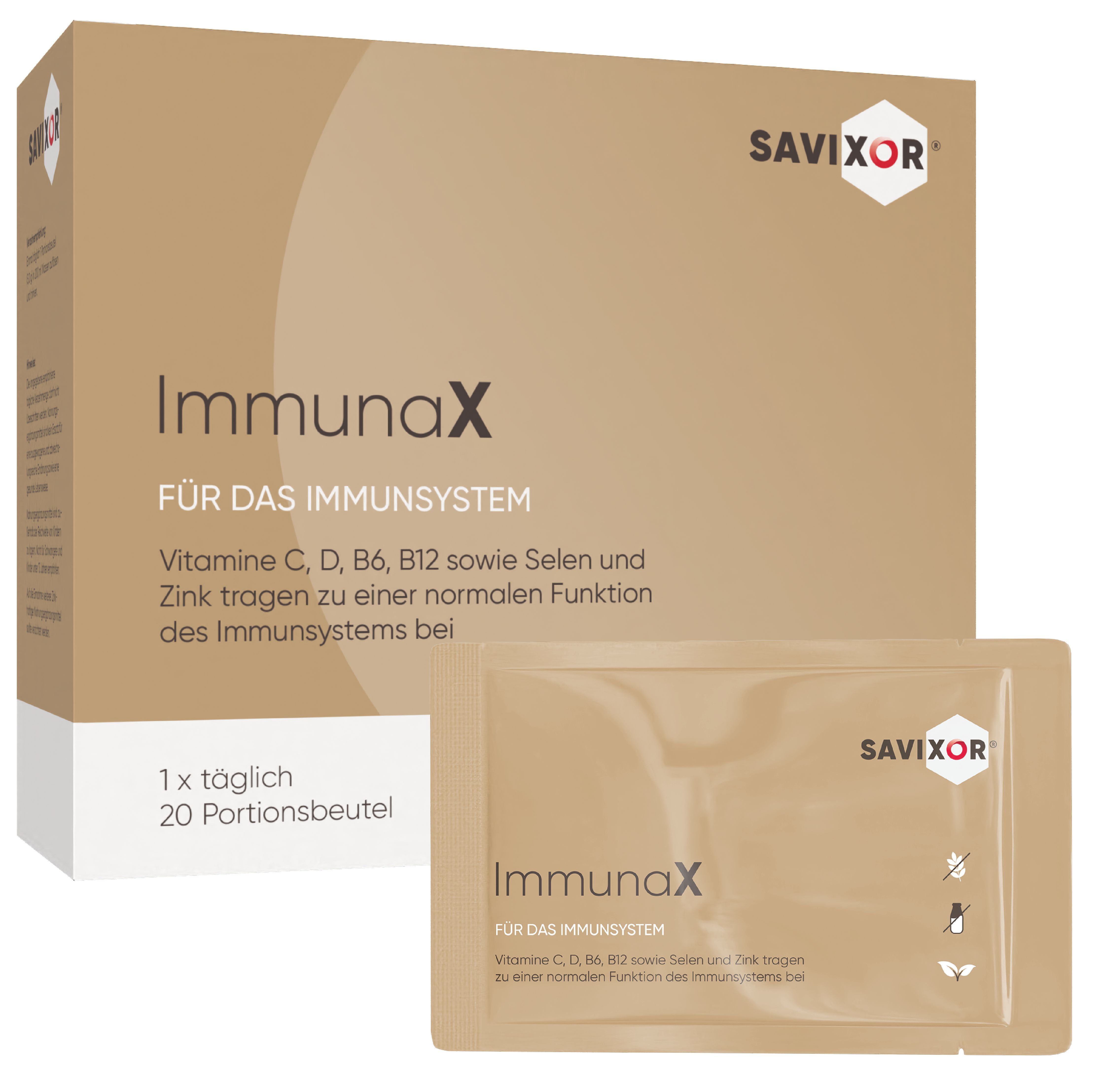 Savixor ImmunaX, Box und Sachet. Box mit Produktnamen und Logo. Sachet mit Produktnamen. Für das Immunsystem.