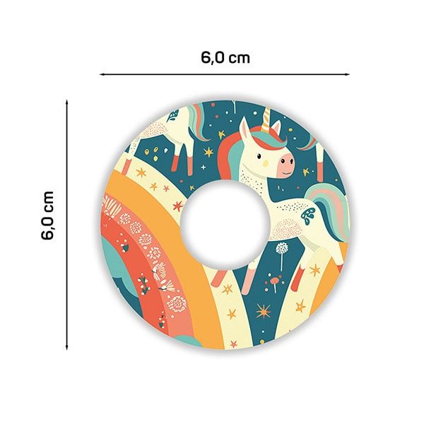 Rundes Pflaster mit Einhorn-Design und Regenbogen. Durchmesser 6,0 cm. Loch in der Mitte. Maße sind angegeben.