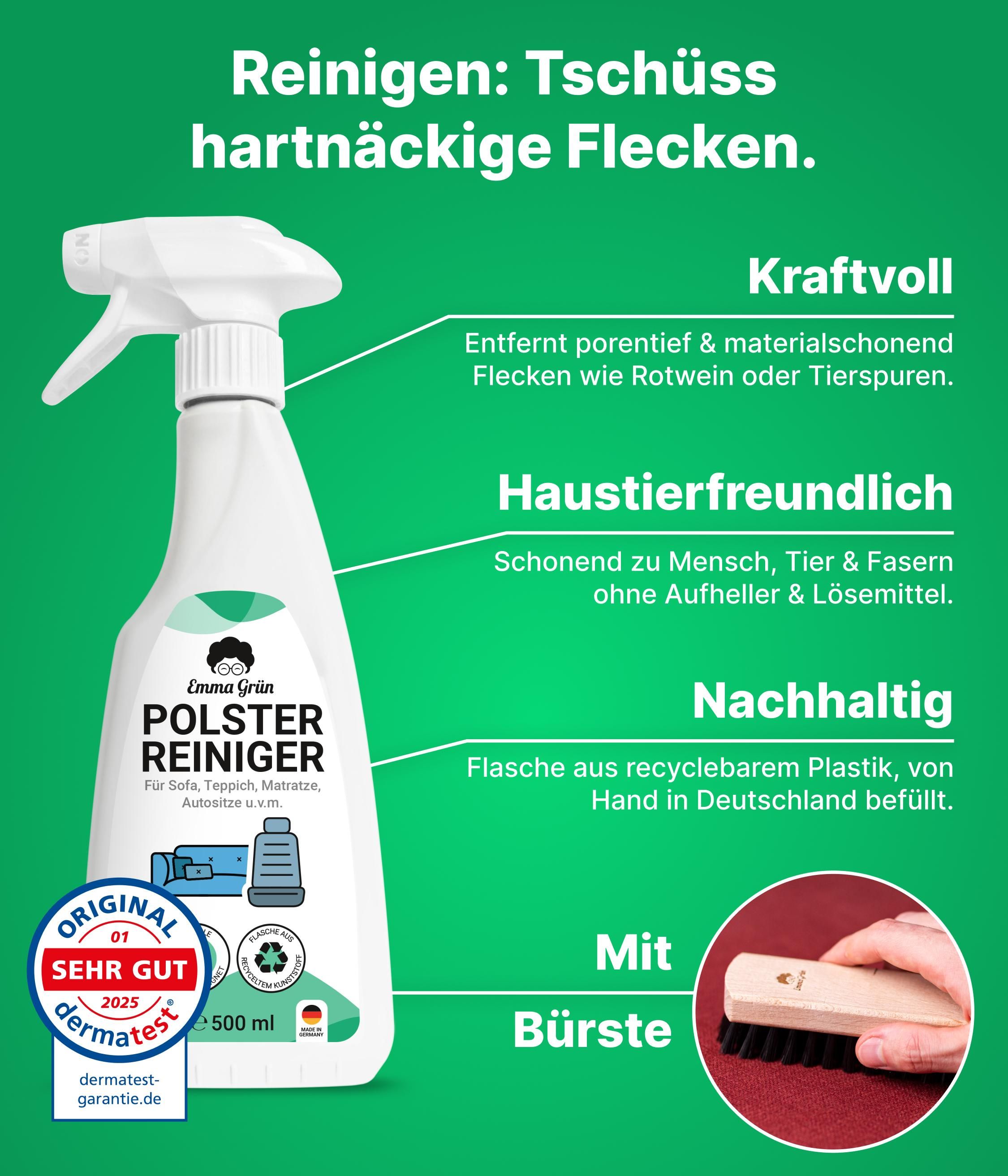 Weiße Flasche mit Sprühkopf, Bürste. Aufdruck: Emma Grün Polsterreiniger. Text: Für Sofa, Teppich, Matratze, Autositze u.v.m. Siegel: Sehr Gut, 500 ml.