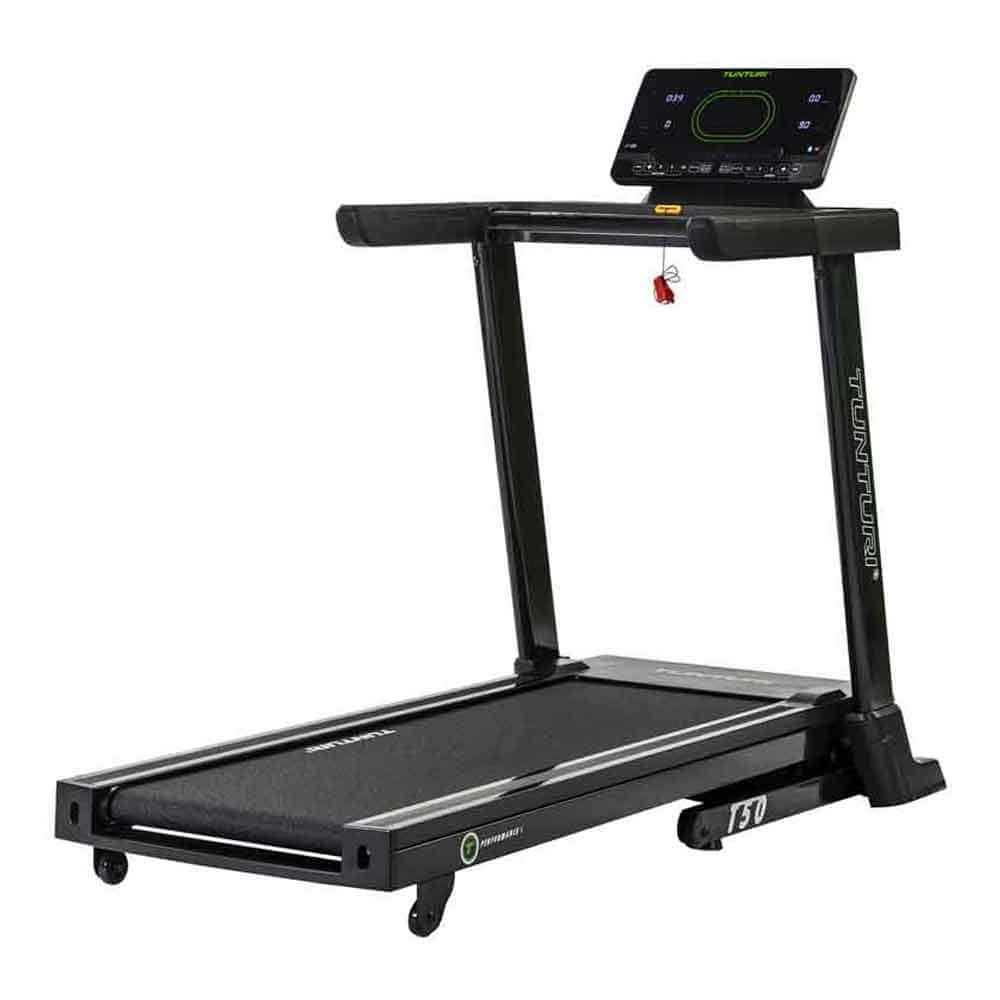 Schwarzes Laufband mit Display. Tunturi-Logo am Rahmen. Konsole mit Knöpfen und Bildschirm. Laufband mit Rollen.