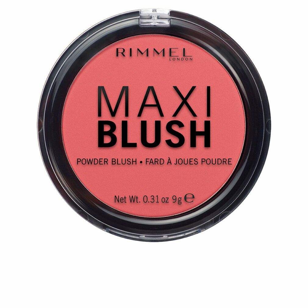 Runder Blush-Puder von Rimmel London. Schwarzer Behälter mit rosafarbenem Puder. Schriftzug MAXI BLUSH und weitere Details.