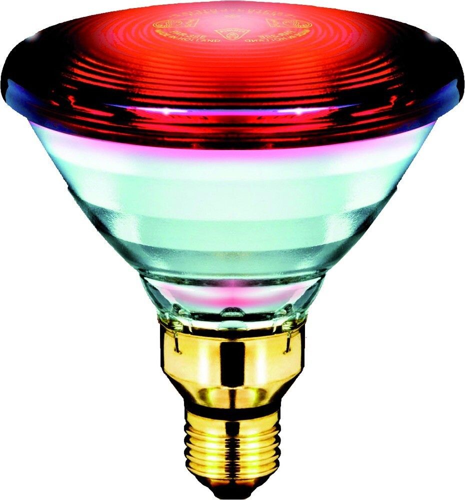 Infrarotlampe mit rotem Glaskolben und goldfarbenem Sockel. Die Lampe hat eine konische Form und ist mit einem E27-Sockel ausgestattet.