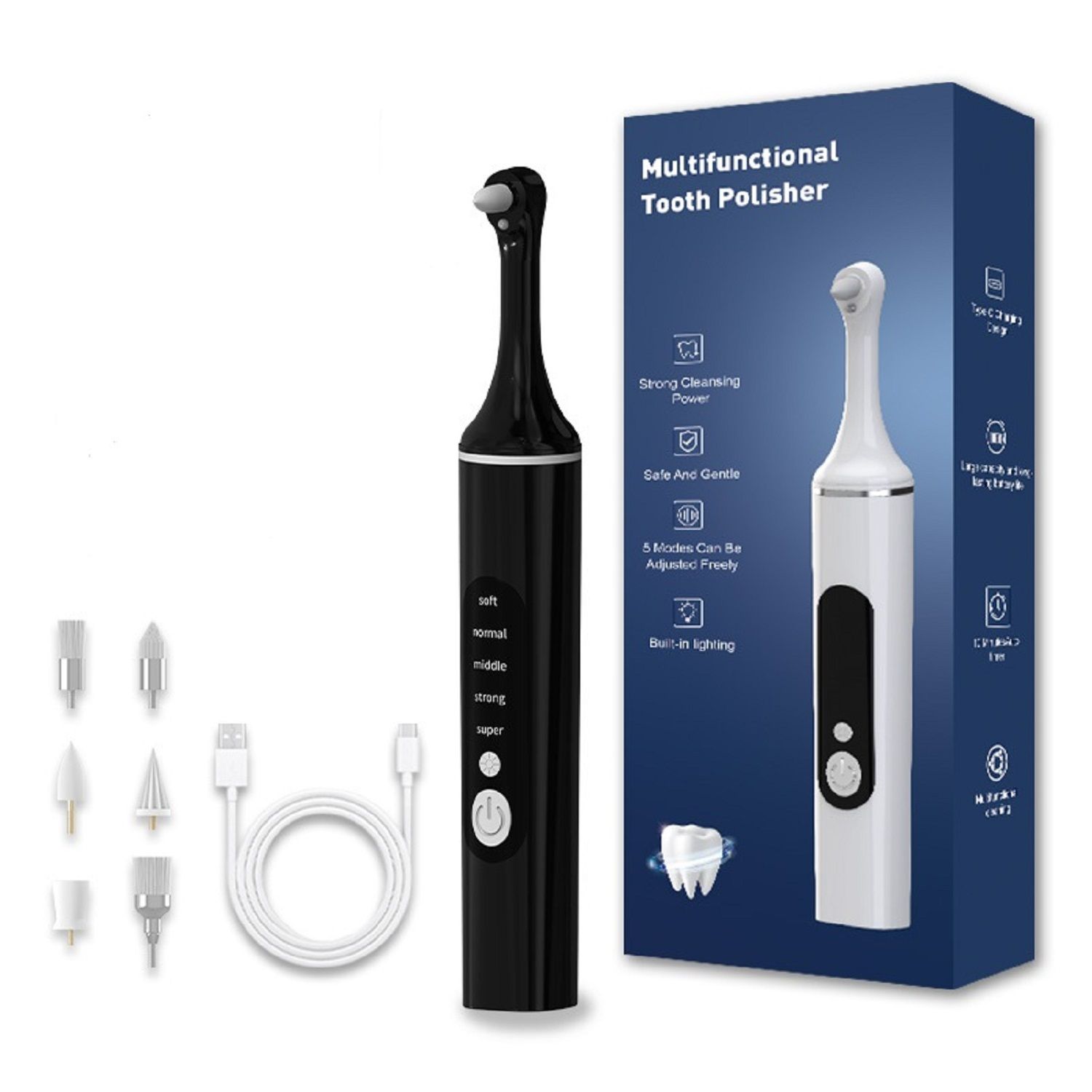 Schwarzer und weißer Zahnpolierer mit Zubehör und Verpackung. 6 Aufsätze, USB-Kabel. Text: Multifunktionaler Zahnpolierer.