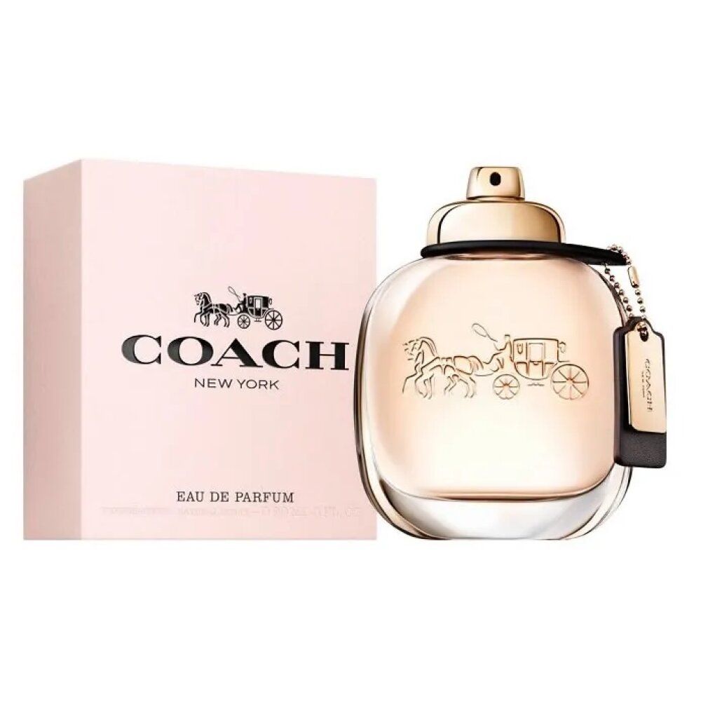 Coach New York Eau de Parfum Flakon mit passender Schachtel. Der Flakon zeigt das Coach Pferdekutschen-Logo.