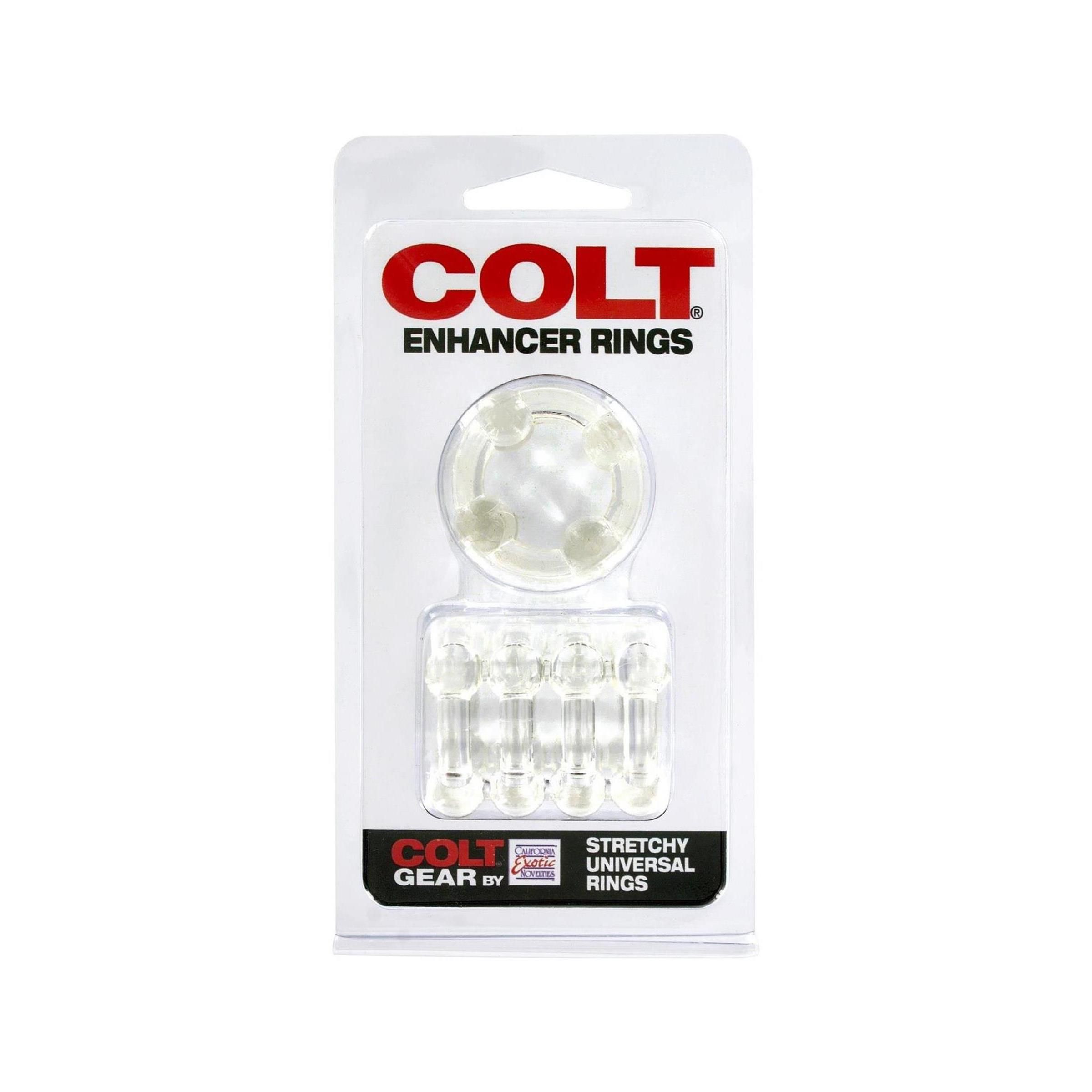 Verpackung mit COLT Enhancer Rings. Enthält Ringe in verschiedenen Formen. Text: 'Stretchy Universal Rings'.