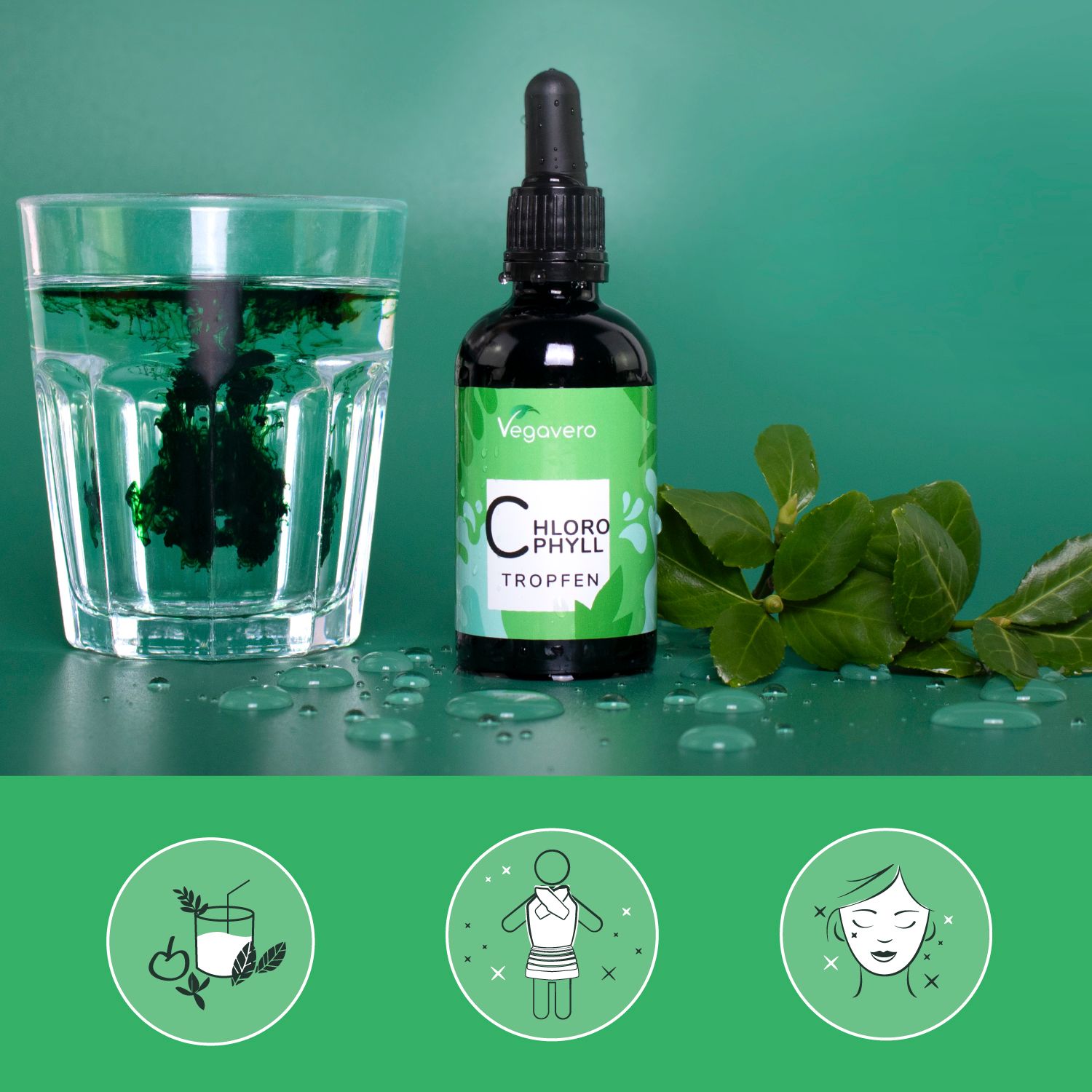 Glas mit grünem Wasser, daneben eine Flasche Chlorophyll Tropfen und grüne Blätter. Drei Icons unten: Smoothie, Person, Gesicht.