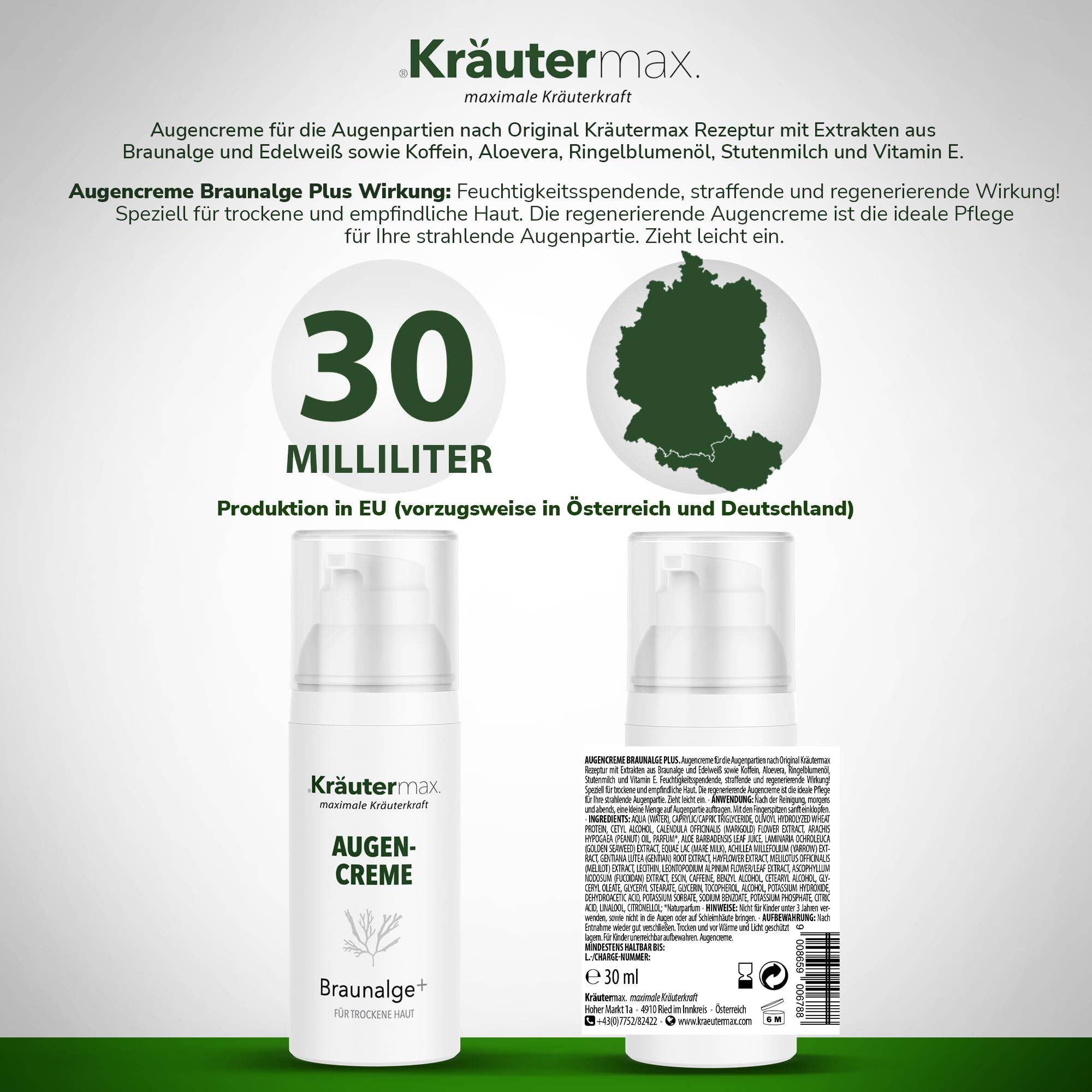 Produktabbildung und Text. Augencreme, 30 ml. Text: Augencreme Braunalge Plus Wirkung. Produktion in EU (vorzugsweise in Österreich und Deutschland).