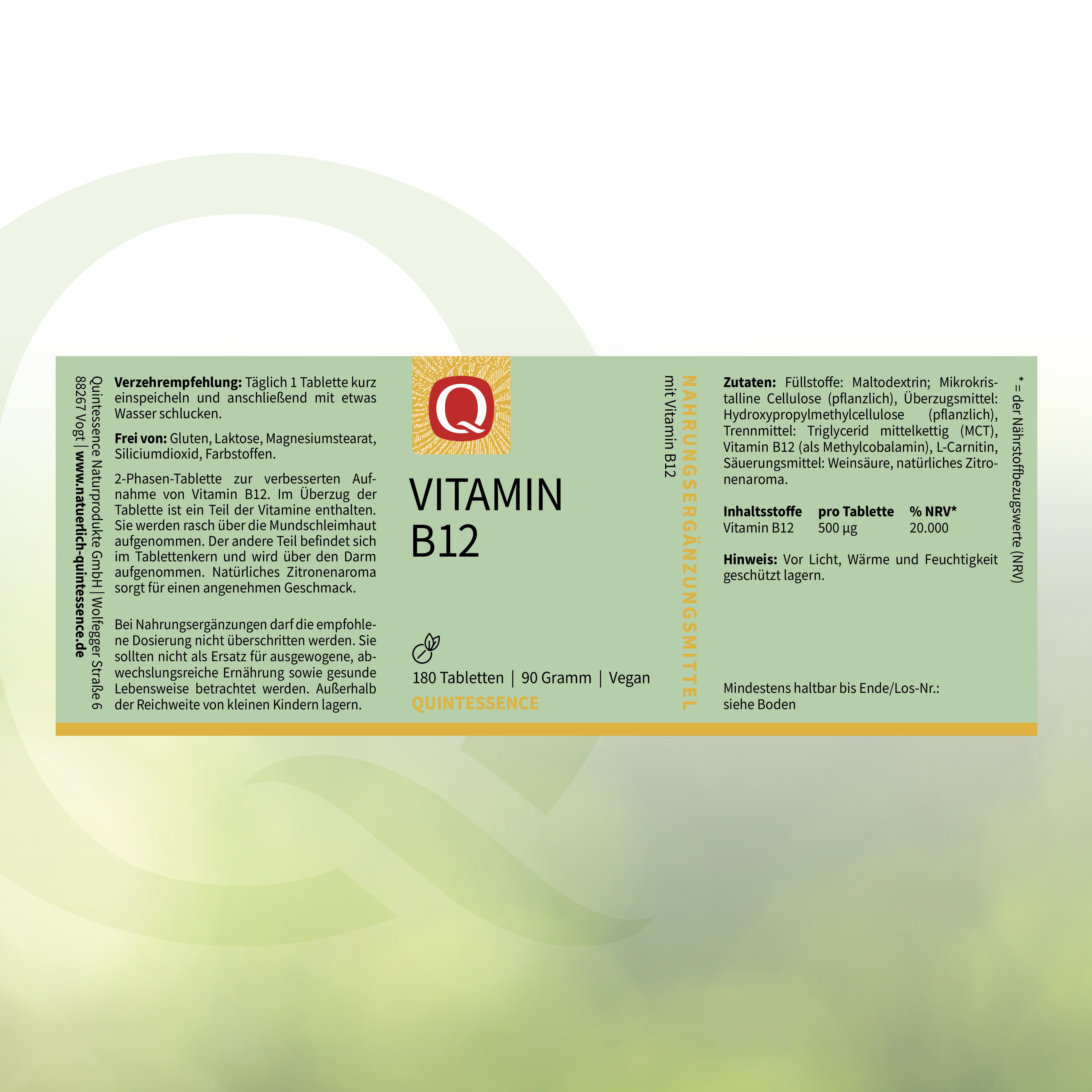 Rechteckige Verpackung mit Vitamin B12 Tabletten. Grünes Etikett mit Produktinformationen und Marke Quintessence. Text und Logo.