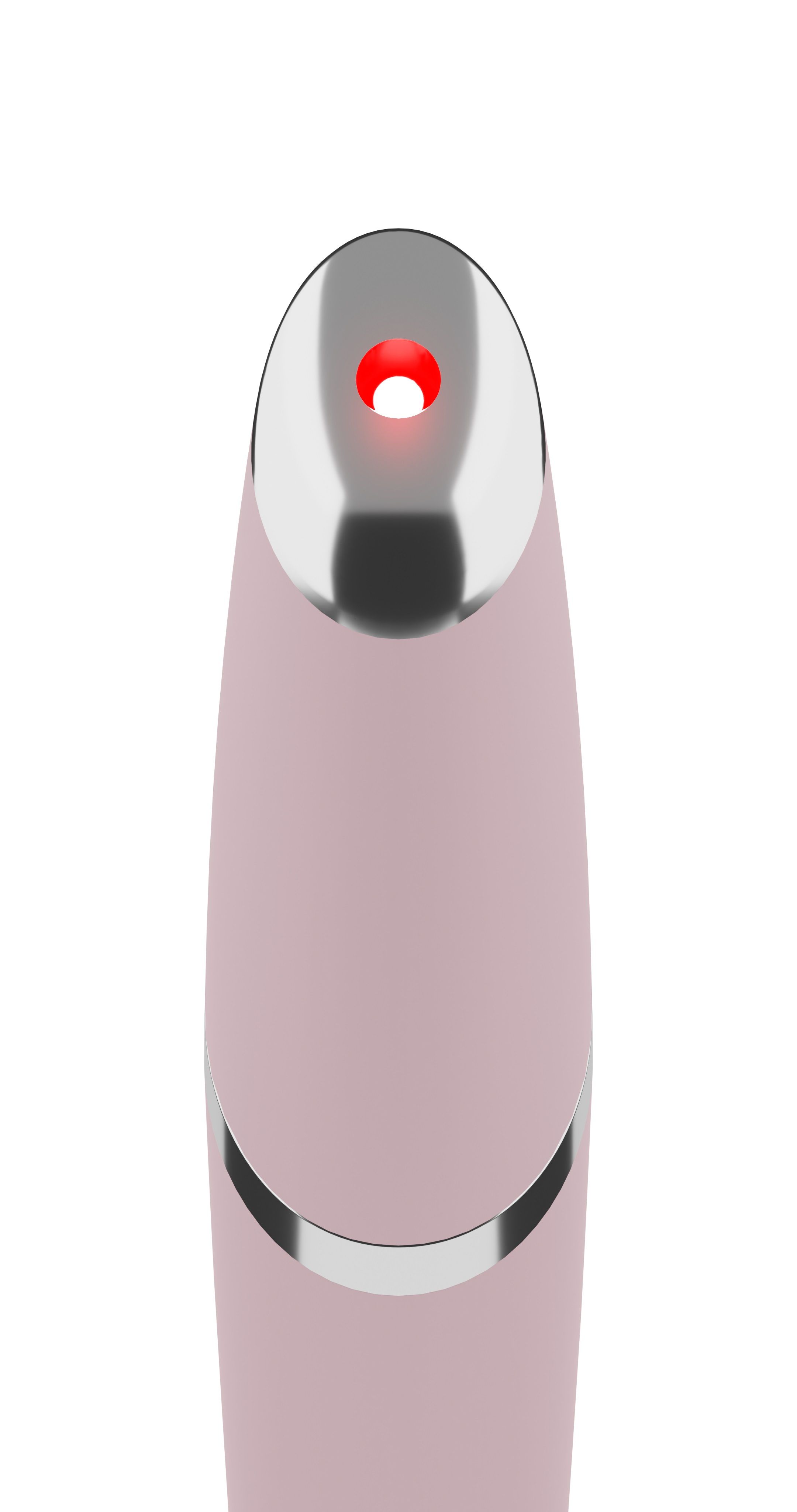 Nahaufnahme des oberen Teils eines rosa Augenmassagegeräts. Silberne Spitze mit rotem Licht. Der Schriftzug BEAUTIFLY ist nicht sichtbar.