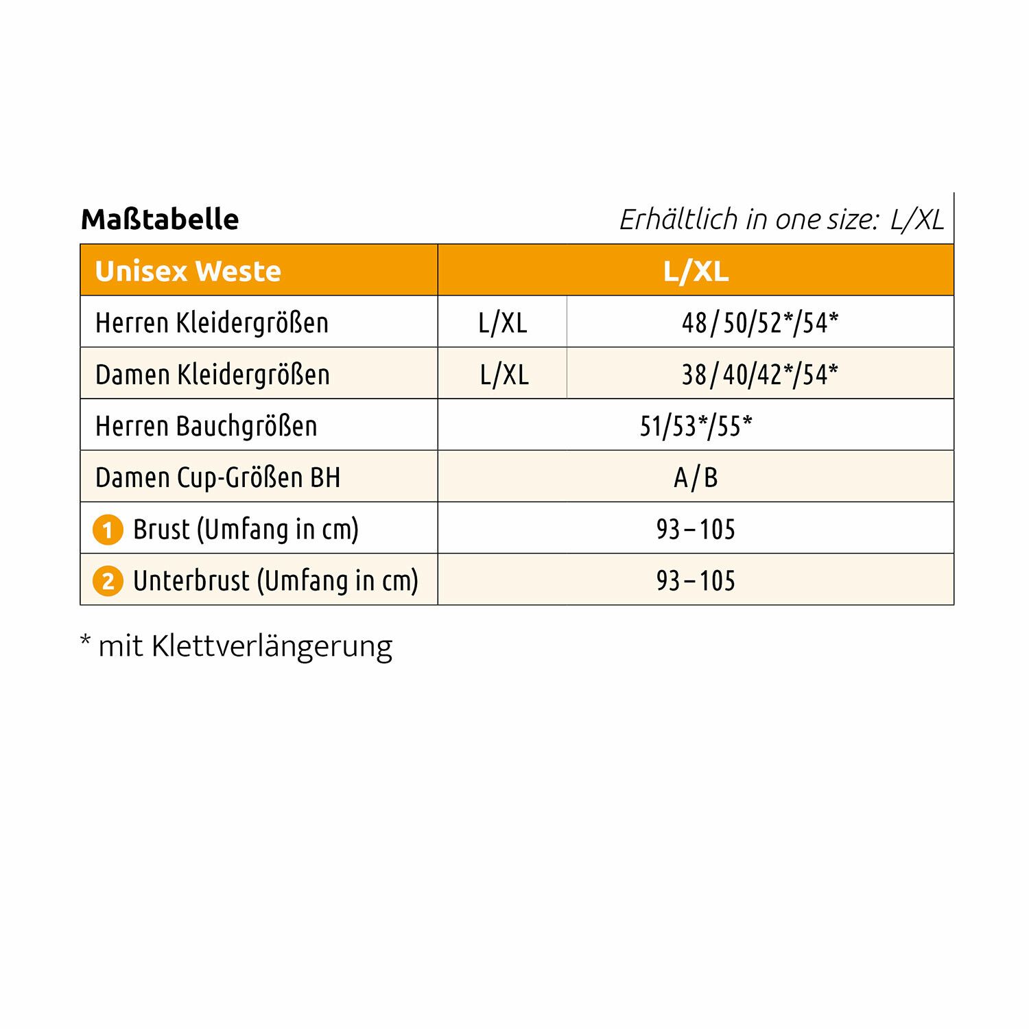 Größentabelle für die Weste. Größenangaben für Herren, Damen und Brustumfang in cm.