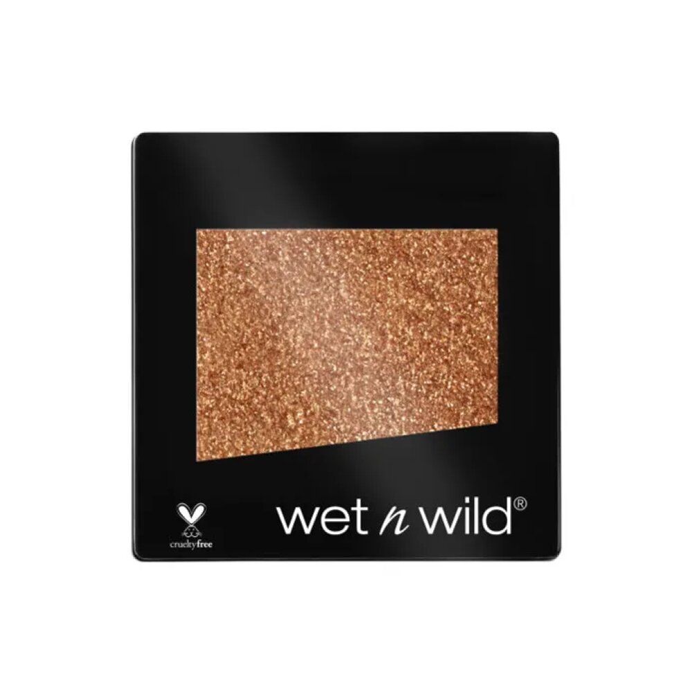 Quadratischer, schwarzer Behälter mit goldfarbenem Lidschatten. Unten steht "wet n wild" und ein Cruelty-Free-Logo.