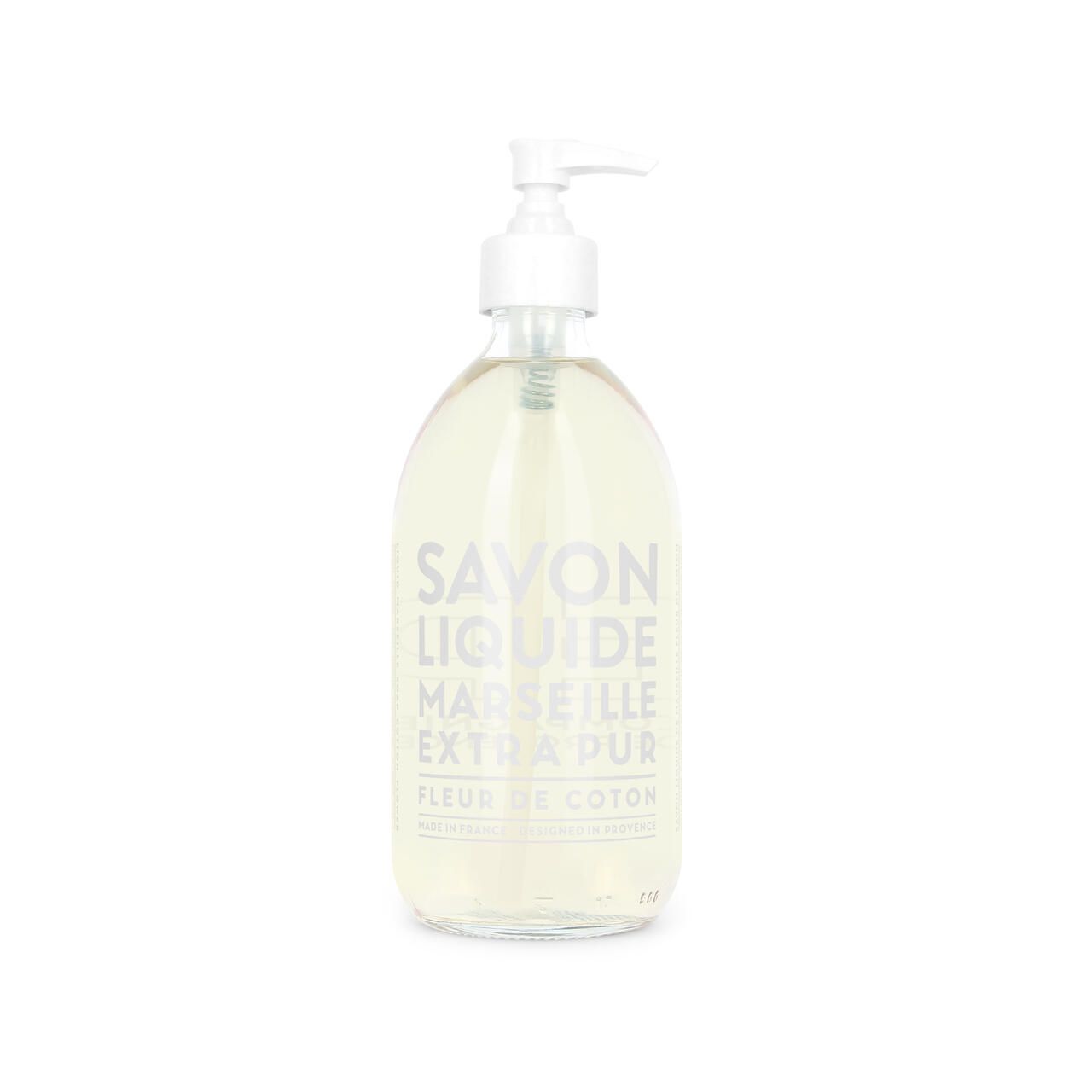 Transparente Flasche mit weißem Pumpkopf. Aufschrift: Savon Liquide Marseille Extra Pur Fleur de Coton.