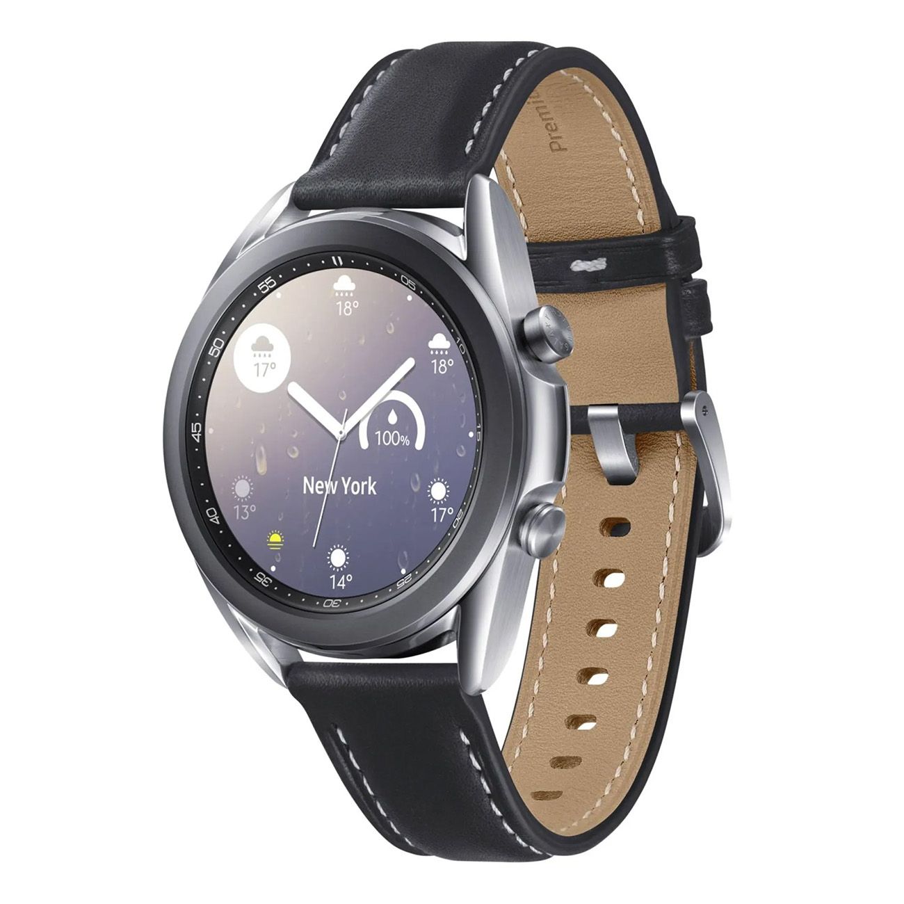 Smartwatch mit silbernem Gehäuse, schwarzem Lederarmband und Display. Wetteranzeige. Ansicht von oben.