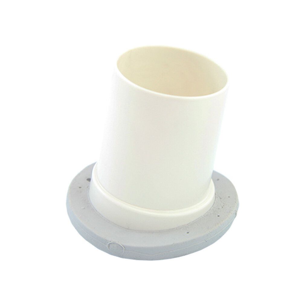 Zylindrisches, weißes Produkt mit grauem Sockel. Die Form ist konisch. Der Sockel ist rund.
