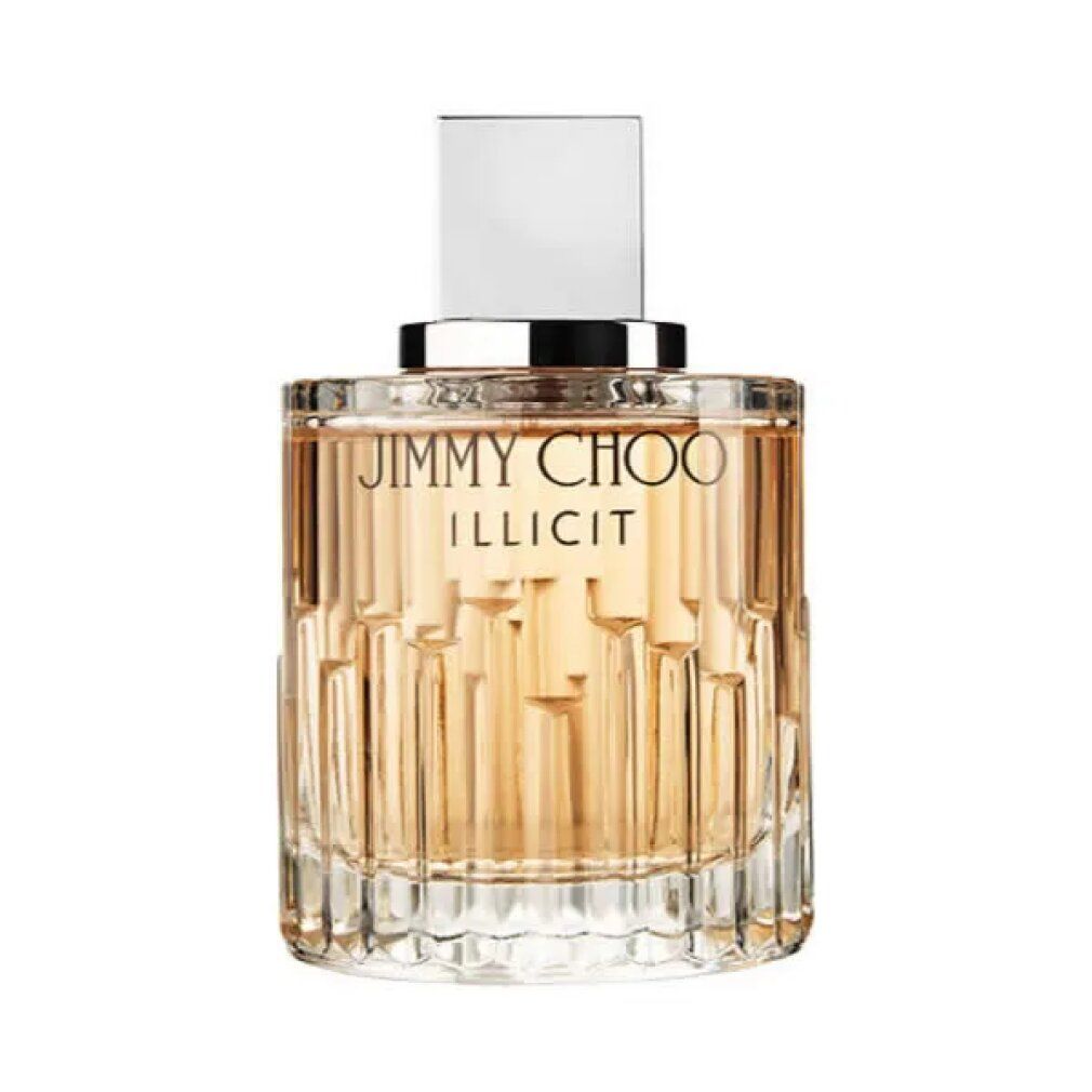 Parfümflakon mit silbernem Deckel. Aufschrift: JIMMY CHOO ILLICIT. Klarer Glasflakon mit geriffelter Oberfläche.