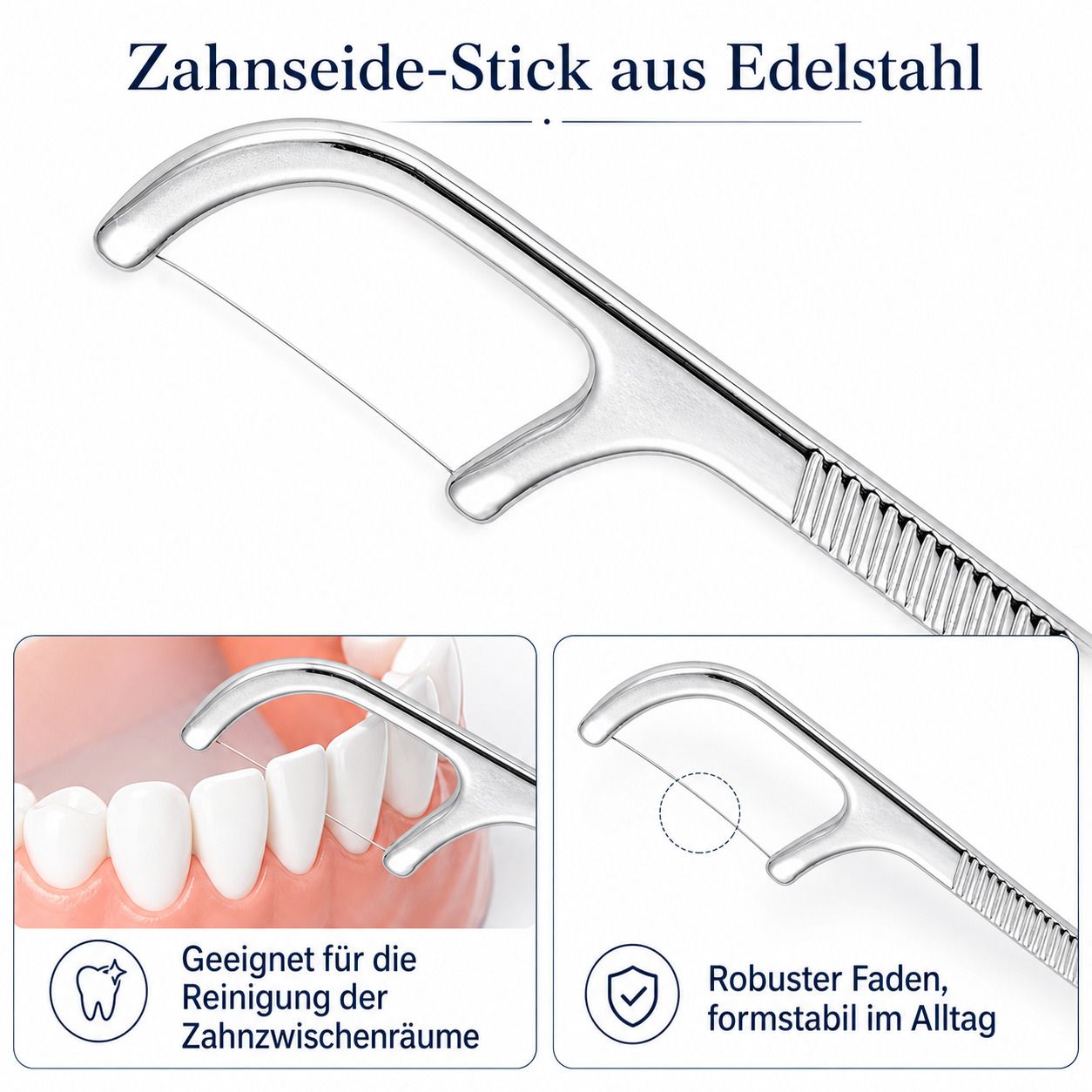 Zahnseide-Stick aus Edelstahl. Zahnseide-Bügel mit Detailansichten. Geeignet für die Reinigung der Zahnzwischenräume.