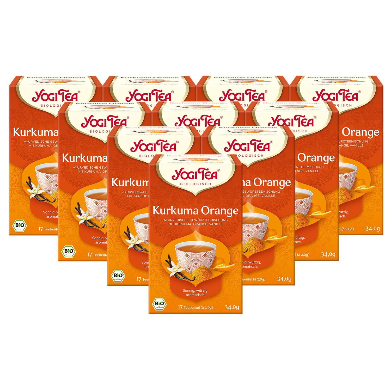 Mehrere Packungen Kurkuma Orange Tee. Orangefarbene Schachteln mit Logo und Produktbezeichnung. Bio-Siegel.