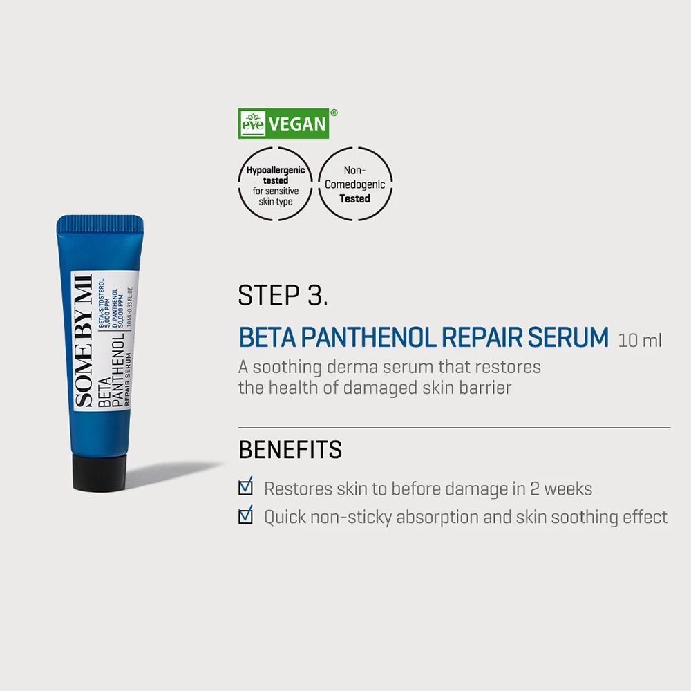 Blaue Tube mit schwarzem Deckel. Aufdruck: SOME BY MI, Beta Panthenol Repair Serum. Text auf weißem Hintergrund.