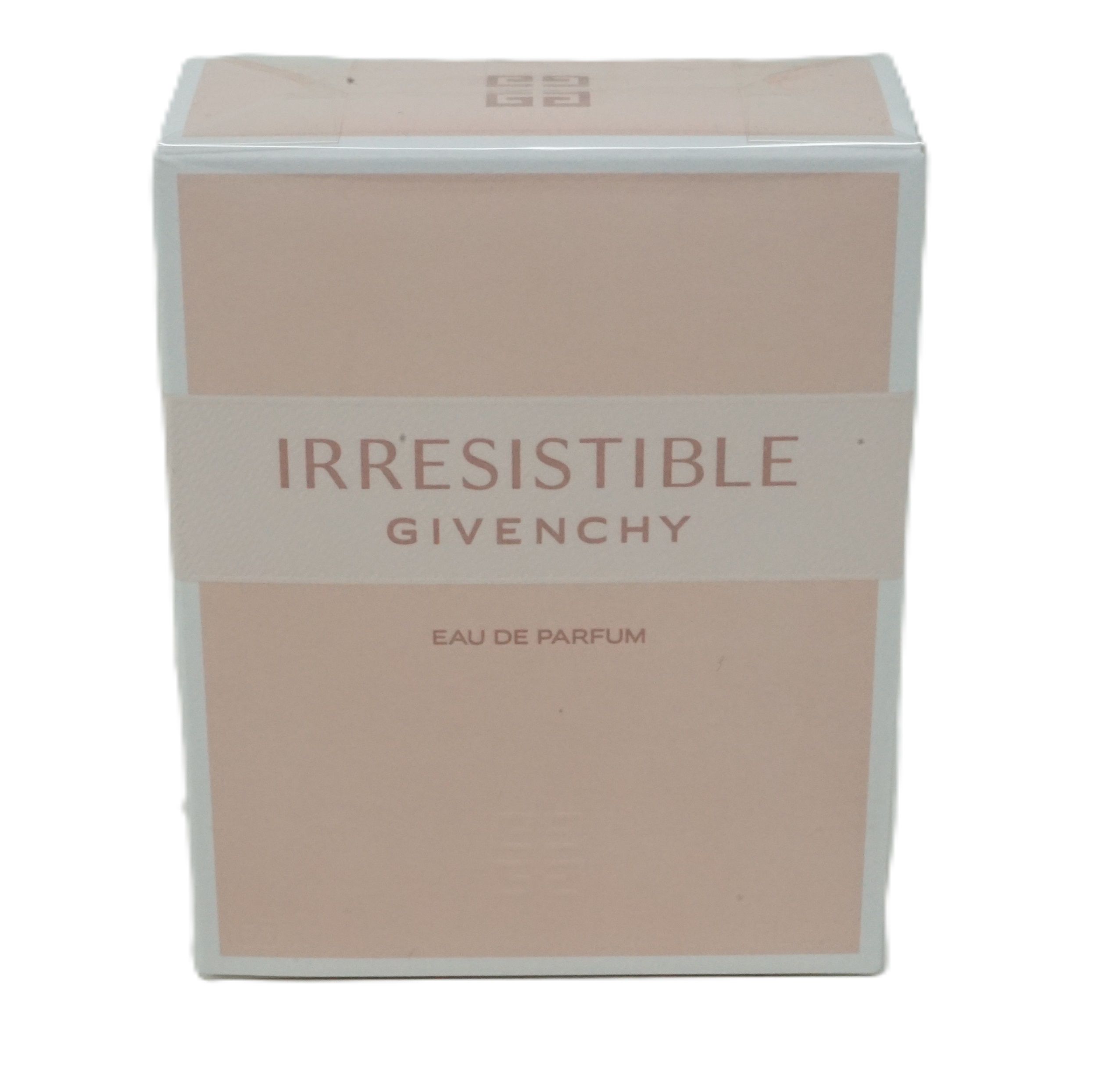 Givenchy Irresistible Eau de Parfum. Rechteckige Verpackung, rosa Farbton. Schriftzug "IRRESISTIBLE" und "GIVENCHY". "EAU DE PARFUM".