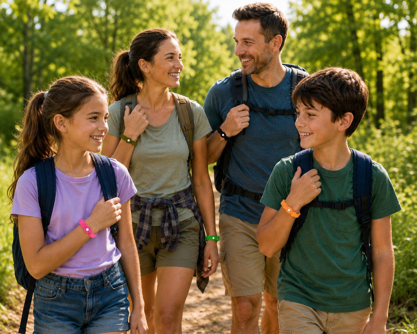 Familie beim Wandern, Kinder und Erwachsene tragen bunte Armbänder.