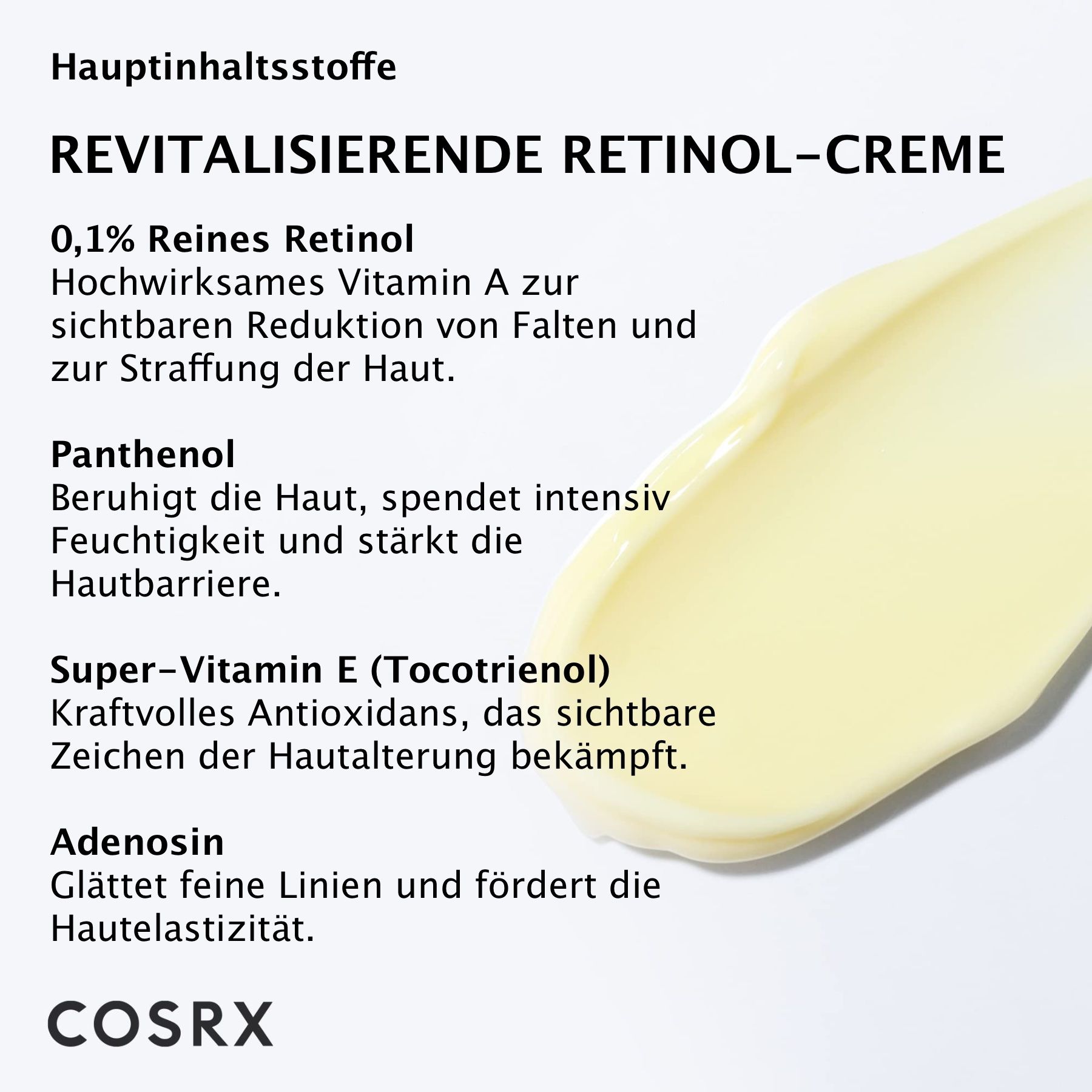 Text mit Inhaltsstoffen: 0,1% Retinol, Panthenol, Super-Vitamin E, Adenosin. COSRX Logo.