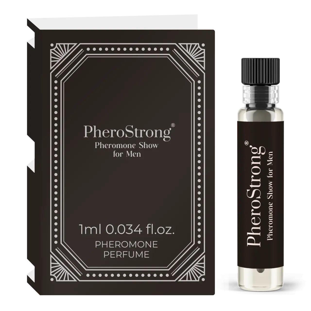 Karton und Flakon. Auf dem Karton steht "PheroStrong Pheromone Show for Men". Der Flakon ist braun und hat einen schwarzen Deckel.