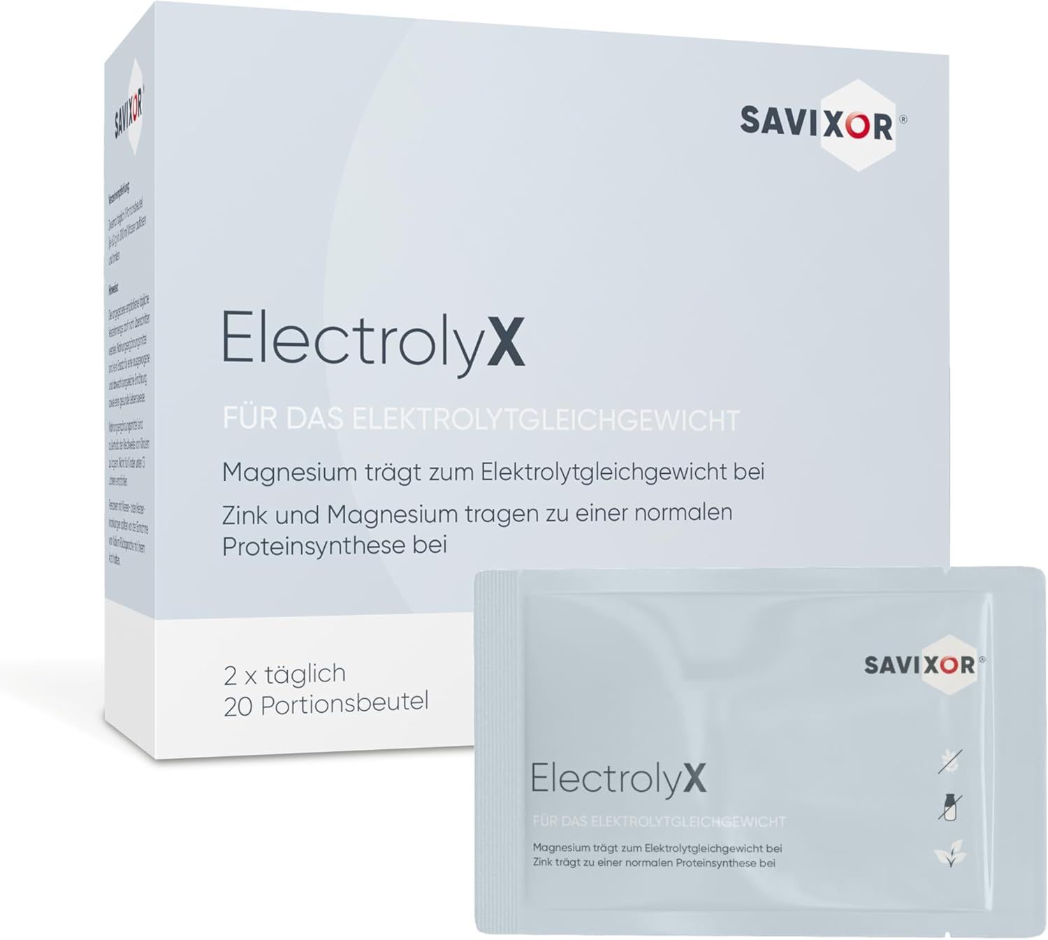 Produktverpackung: Karton mit Sachet. Text: ElektrolyX, 2 x täglich, 20 Portionenbeutel. Savixor-Logo.