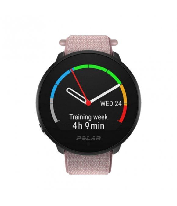 Schwarze Smartwatch mit rosa Armband. Zifferblatt mit Trainingsdaten und Polar-Logo. Tag: Mittwoch.
